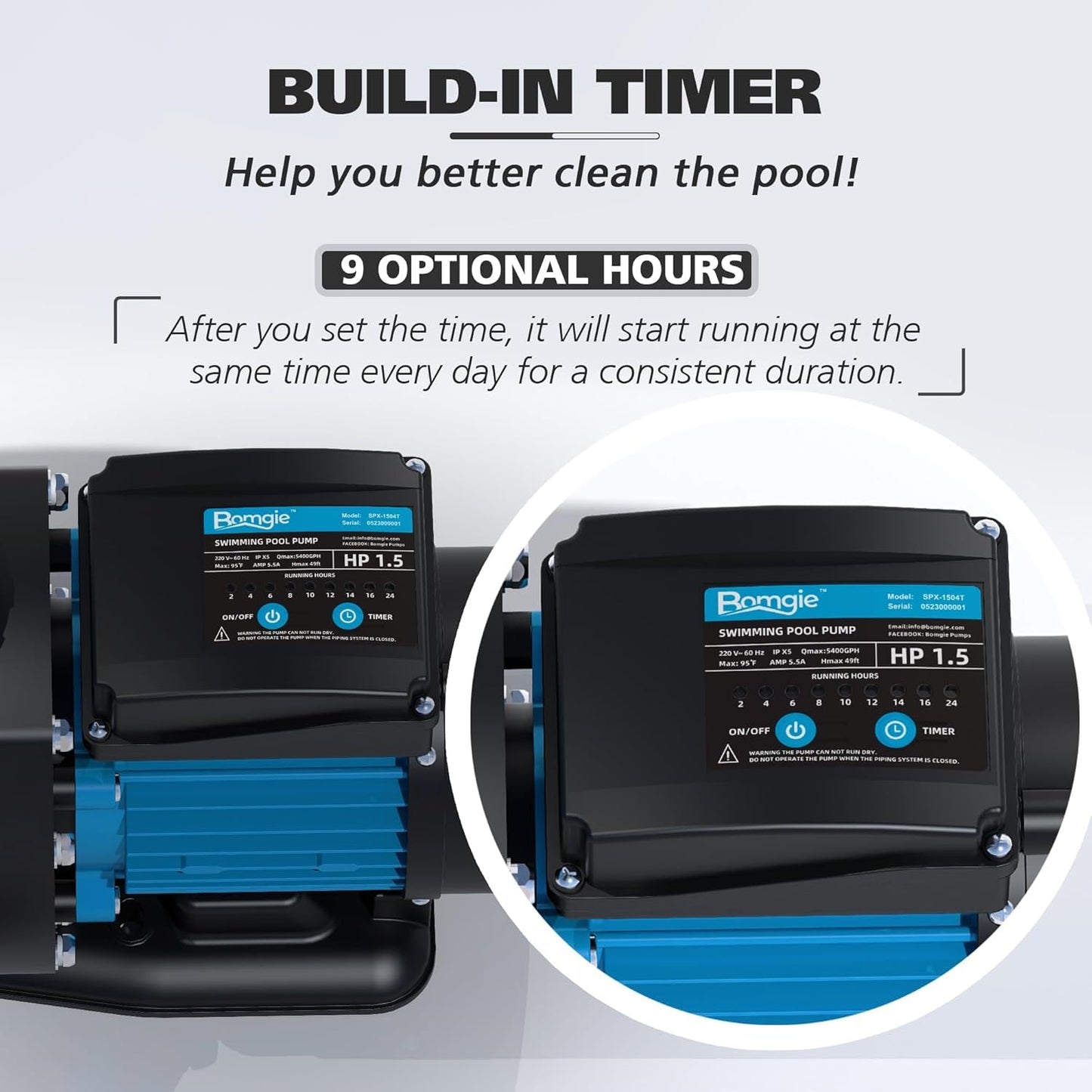 BOMGIE In/Above Ground Pool Pump, High Flow Powerful Self Priming Pool Pump with Timer,1.5 HP 5400GPH 115V
