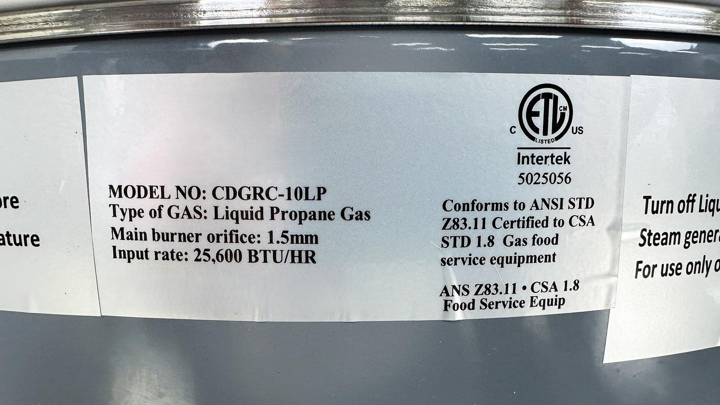Commercial Gas Rice Cooker, 10L Capacity, 25600 BTU/HR, Liquid Propane, White CDGRC-10LP ETL