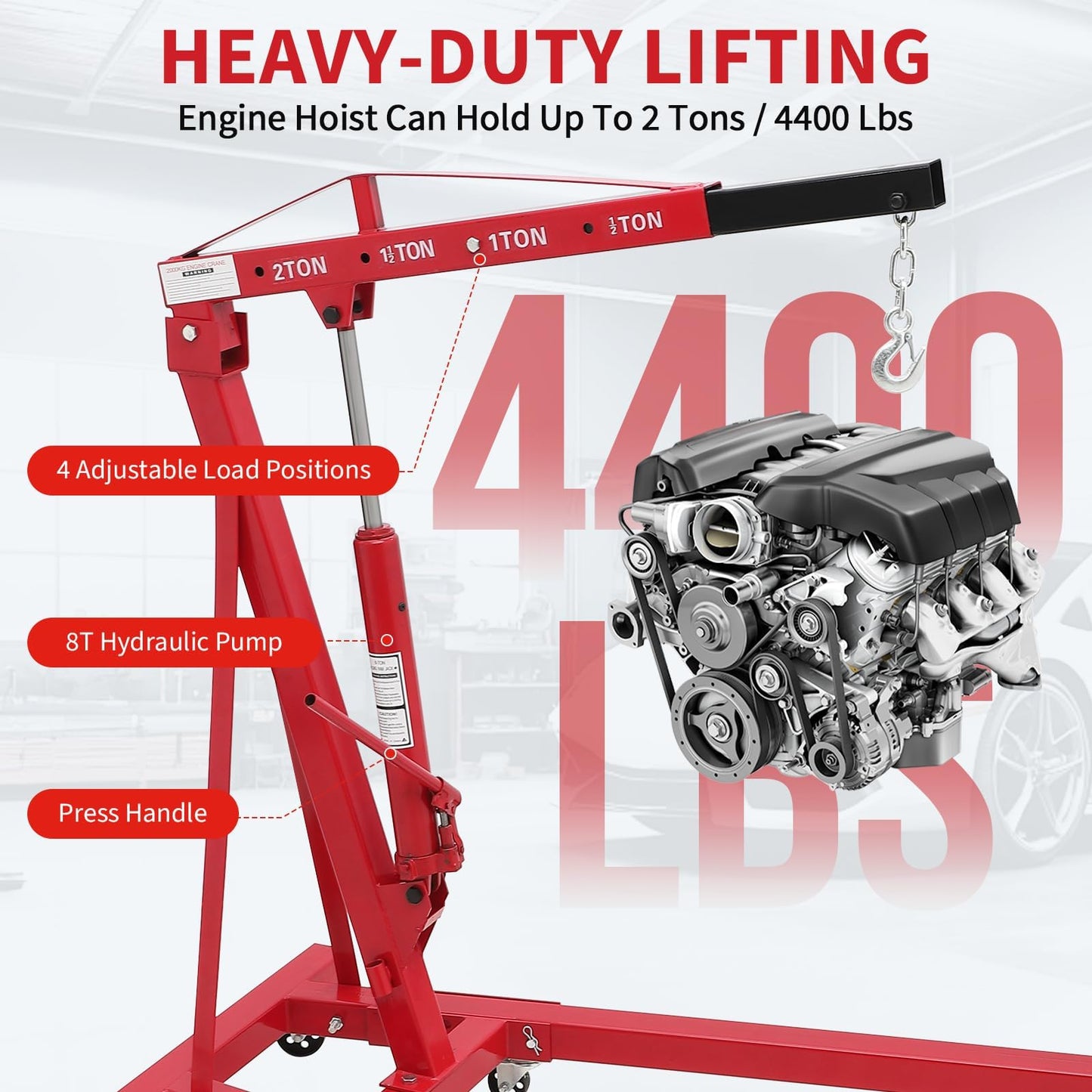 GarveeTech 2-Ton Folding Engine Hoist Cherry Picker 4400 Lb Capacity Hydraulic Shop Crane with Telescoping Boom 6 Caster Wheels for Automotive Repair Garage Use Includes Hitch and Storage Stand Red