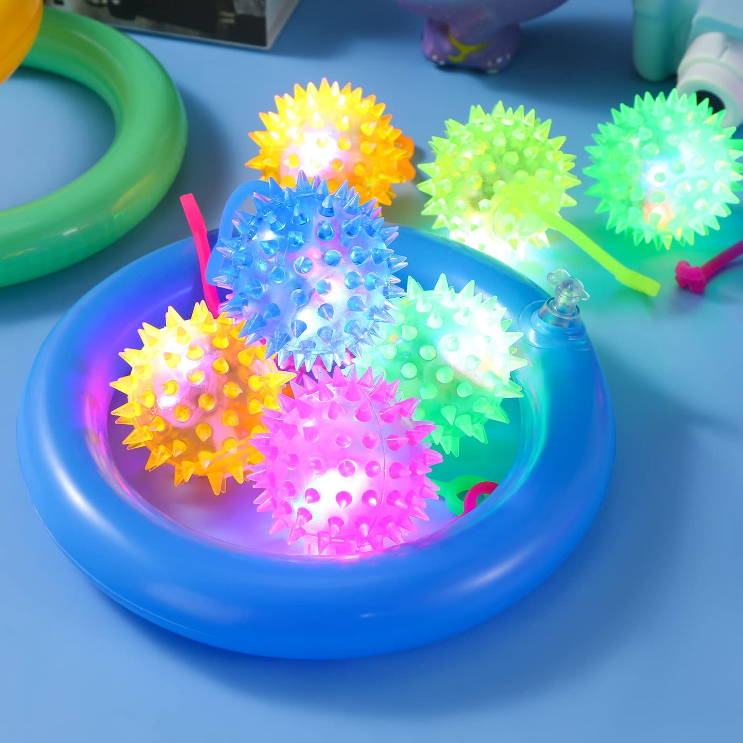 Sotiff 60 Pcs Light up Ball Spiky LED Bouncy Ball Flashing Squeaky Multicolor Puffer Toy Rubber Sensory Toy Carnival Prizes Bulk Party Favors for Teens, Adults, Children