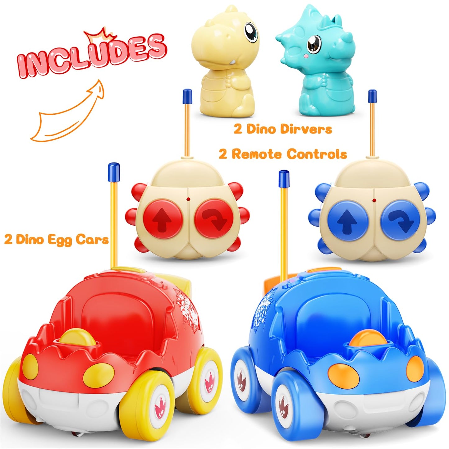 Kidz do 2 Pack Dinosaur Remote Control Cars Toys for Kids 2 3 4 5 Years Old, Easter Present Birthday Gifts for Boys and Girls Ages 2-5, Dino Race Car Toddlers Toys with Music and Light(Red Blue)