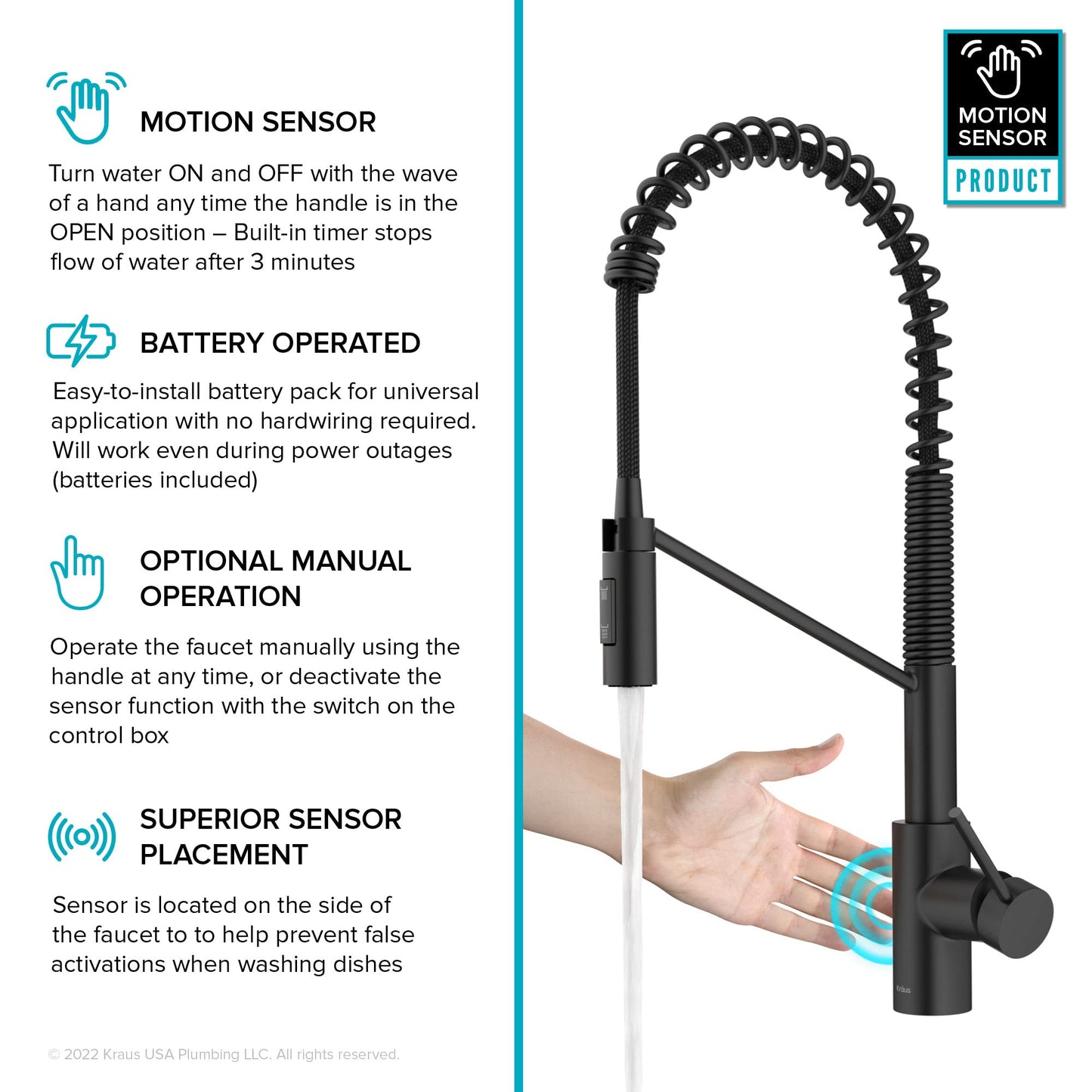 KRAUS Oletto Touchless Sensor Commercial Pull-Down Single Handle Kitchen Faucet with QuickDock Top Mount Assembly in Matte Black