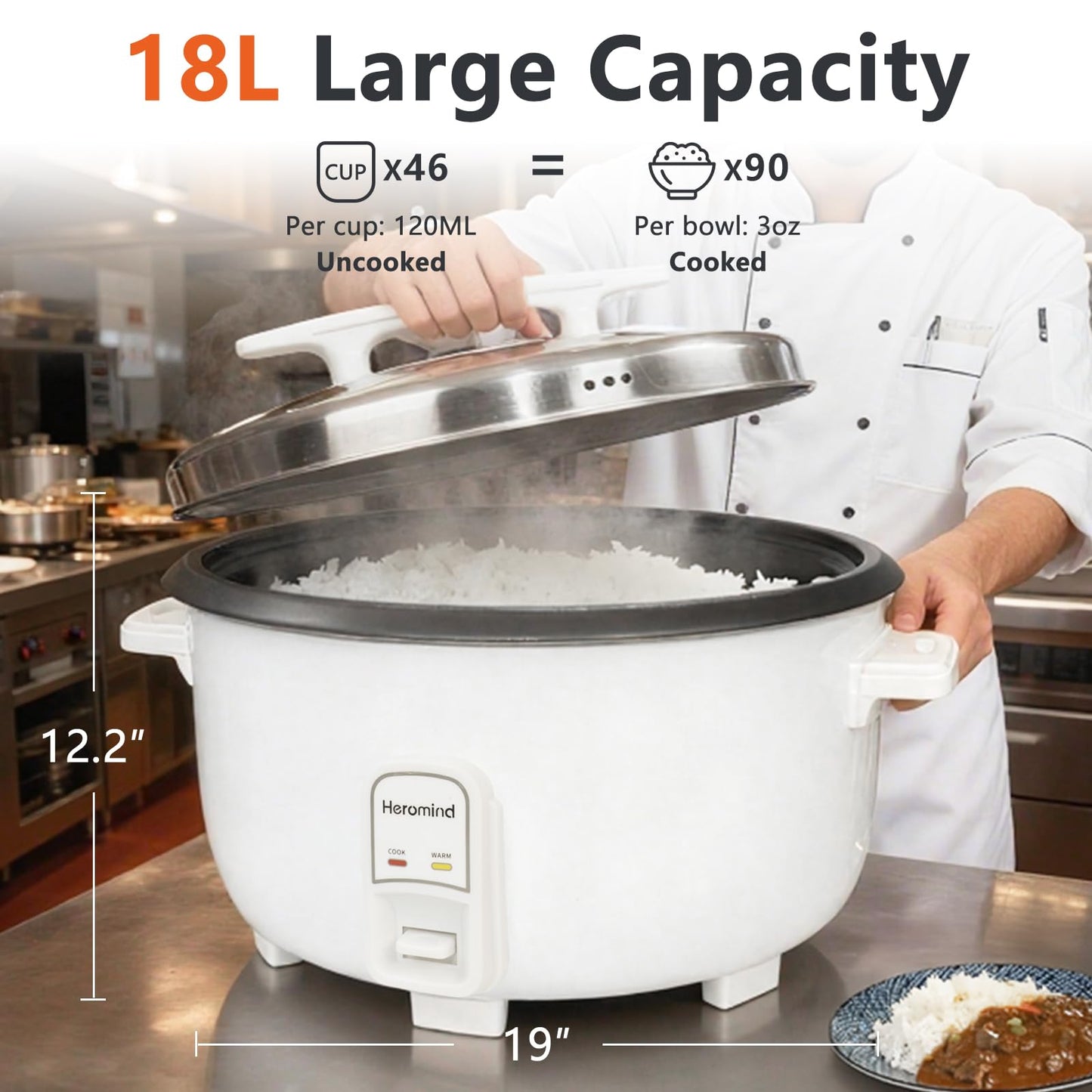 Heromind Commercial Rice Cooker, 90-Cup Rice Cooker, 16Qt Large Rice Cooker with Nonstick Inner Pot, Fast Cooking and Auto Keep Warm, with Rice Cup and Paddle, Easy to Clean, 1950W
