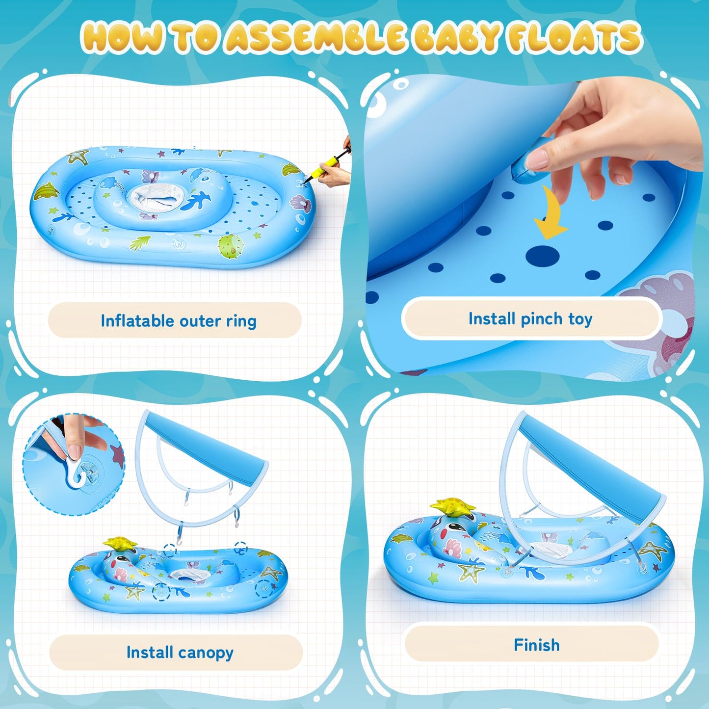 SKINFRND Baby Float with Canopy- UPF50+ Sun Protection Baby Pool Float,Inflatable Kids Pool Float with Adjustable Safety Seat for 6-36 Months Kids Swimming,with Marine Animal Floating Toys