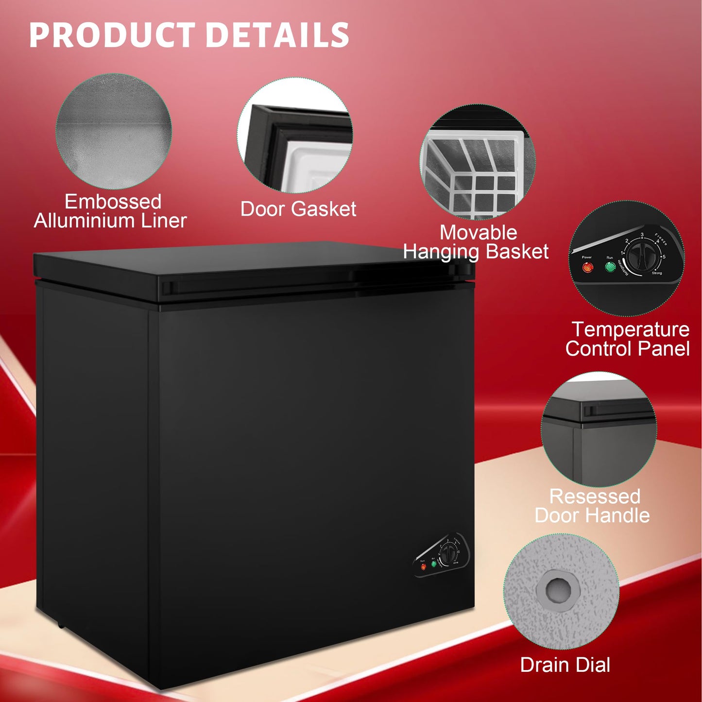 rosmena Chest Freezer 5.0 cu ft, Mini Deep Freezer with Removable Basket, FreeStanding Compact Small Freezer, Adjustable 6 Thermostat, Quiet Small Deep Freezer Top Open Door for Dorm/Home(Black)
