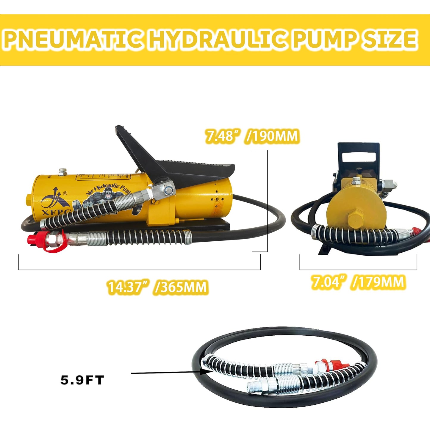 Air Hydraulic Pump 0.45 Gal 10,000 PSI Reservoir NPT 3/8" Oil Outlet, NPT 1/4" Inlet, Air Hydraulic Foot Pump Made of Aluminum with Air Line Lubricator, Yellow