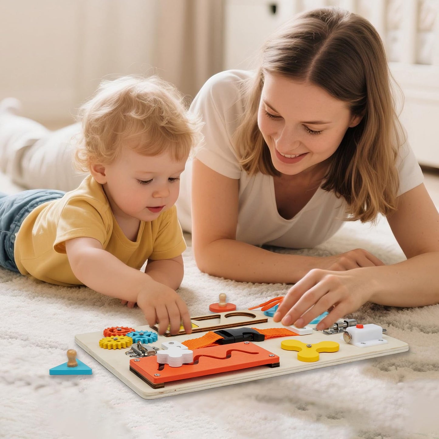 KDSFT Montessori Busy Board for Toddlers, 9-in-1 Wooden Sensory Toys for Fine Motor Skills, Educational Activity Board for Preschool Learning, Travel Toys Gift for Boys Girls 3 4 5