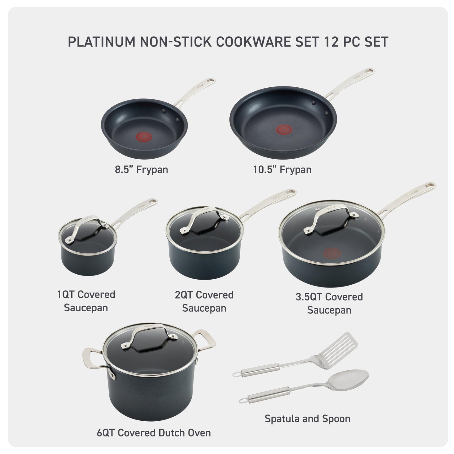 T-fal Platinum Non Stick Cookware Set 12 Piece, Induction, Oven Broiler Safe 500F, Kitchen Cooking Set W/Fry Pans, Saucepans, Saute Pan, Dutch Oven, Utensils, Pots and Pans, Dishwasher Safe, Slate