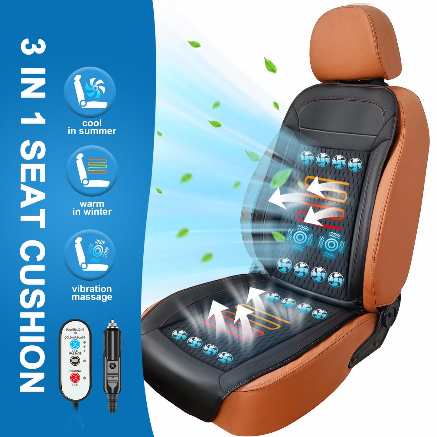 Cooling Car Seat Cushion Front Seat Warm Cooling Car Seat Cover with Massage 16 Fans 12V Car Seat Cooler Car Seat Cooling Pad Ventilated Summer Winter Seat Cover for Car SUV (Black, 3-in-1)
