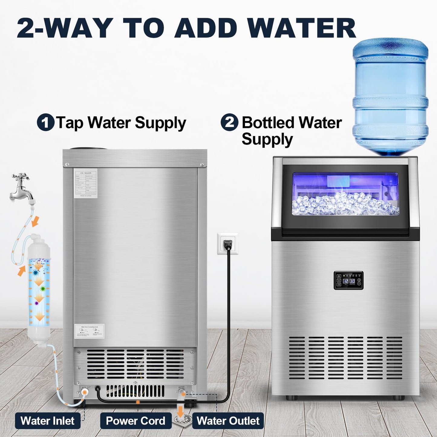 Commercial Ice Maker Machine, 160 lbs/24H with 50 lbs Storage Bin, Dual Water Inlet Options, Under Counter Freestanding Ice Maker for Home, Bar, Support 5-Gallon Bottle Water & Tap Water