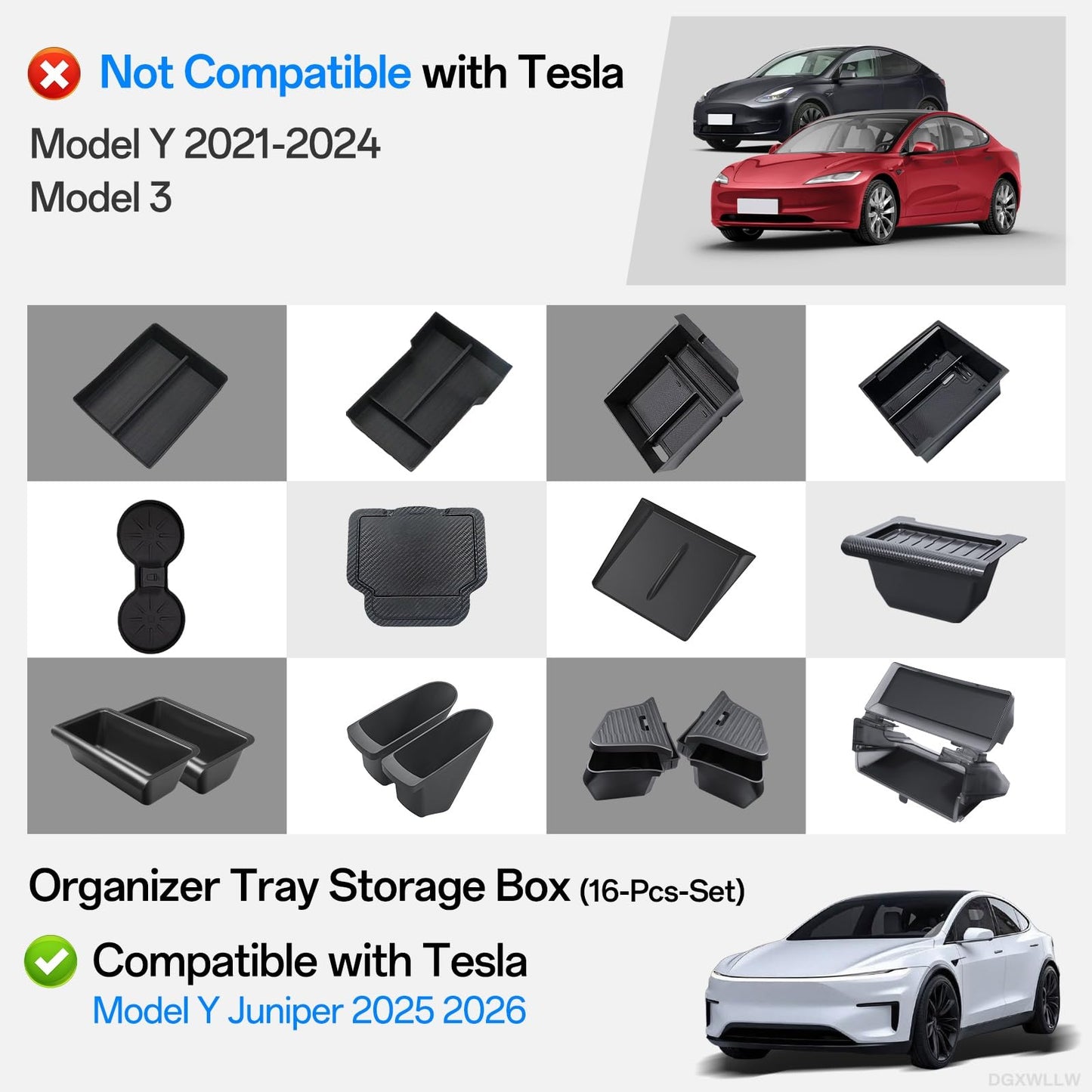 DGXWLLW 16PCS Organizer Tray Storage Box for Tesla Model Y Juniper 2025 2026 Premium Performance Accessories with Trunk Storage Bins Under Screen Tray Under Seat Box Trash Can Center Organizer Set
