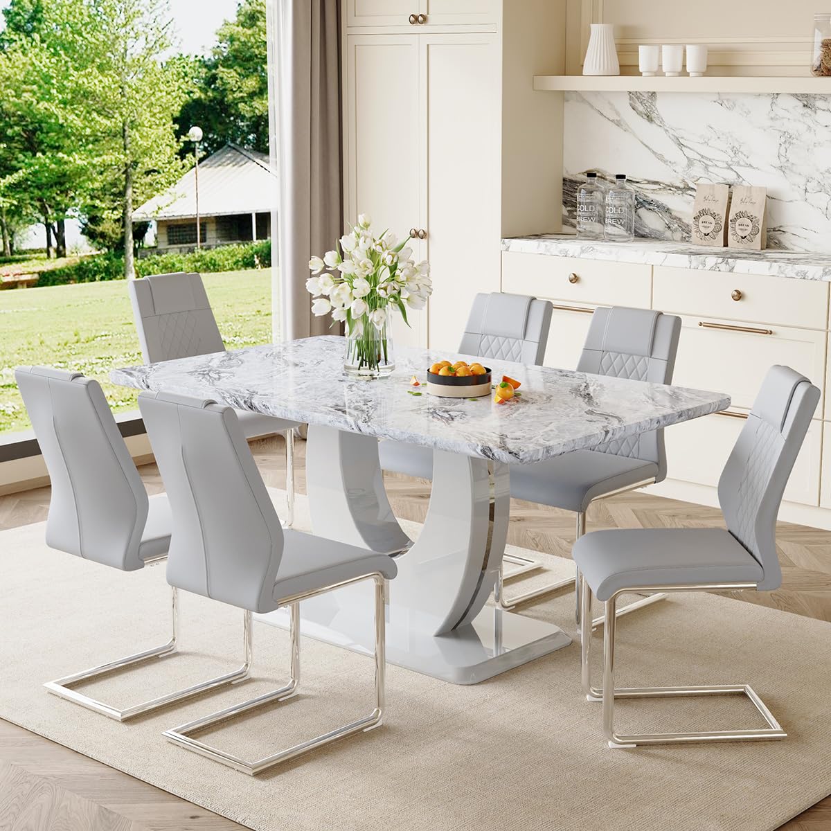 JUFU Modern Kitchen and Dining Table and Chairs Set - 63in Grey Rectangular Table with Faux Marble Top and 6 Faux Leather Chairs - Ideal for Dining Room