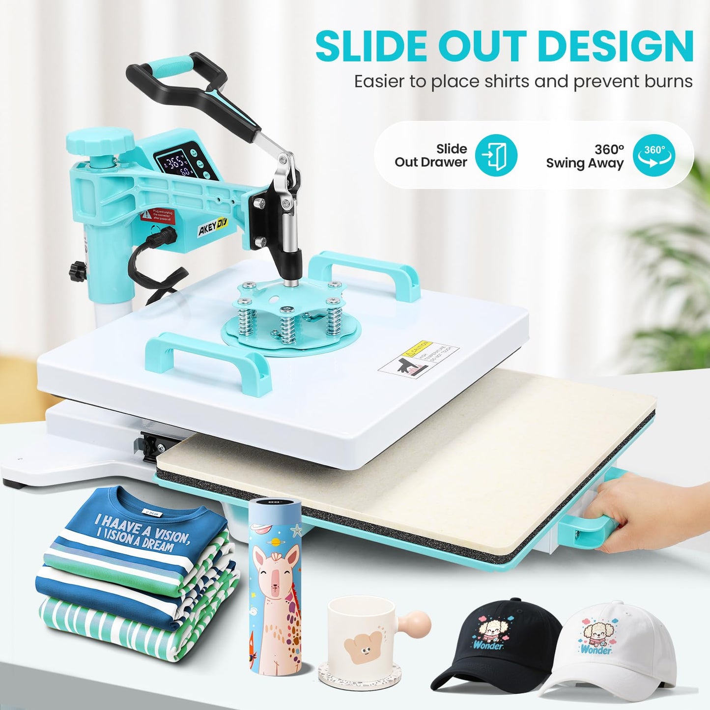 AKEYDIY Heat Press 15x15 inch 5 in 1 with 30OZ Tumbler Press, 360° Swivel Away Slide Out Digital Shirt Press Machine, Industrial Heat Transfer Machine Sublimation for T-Shirt