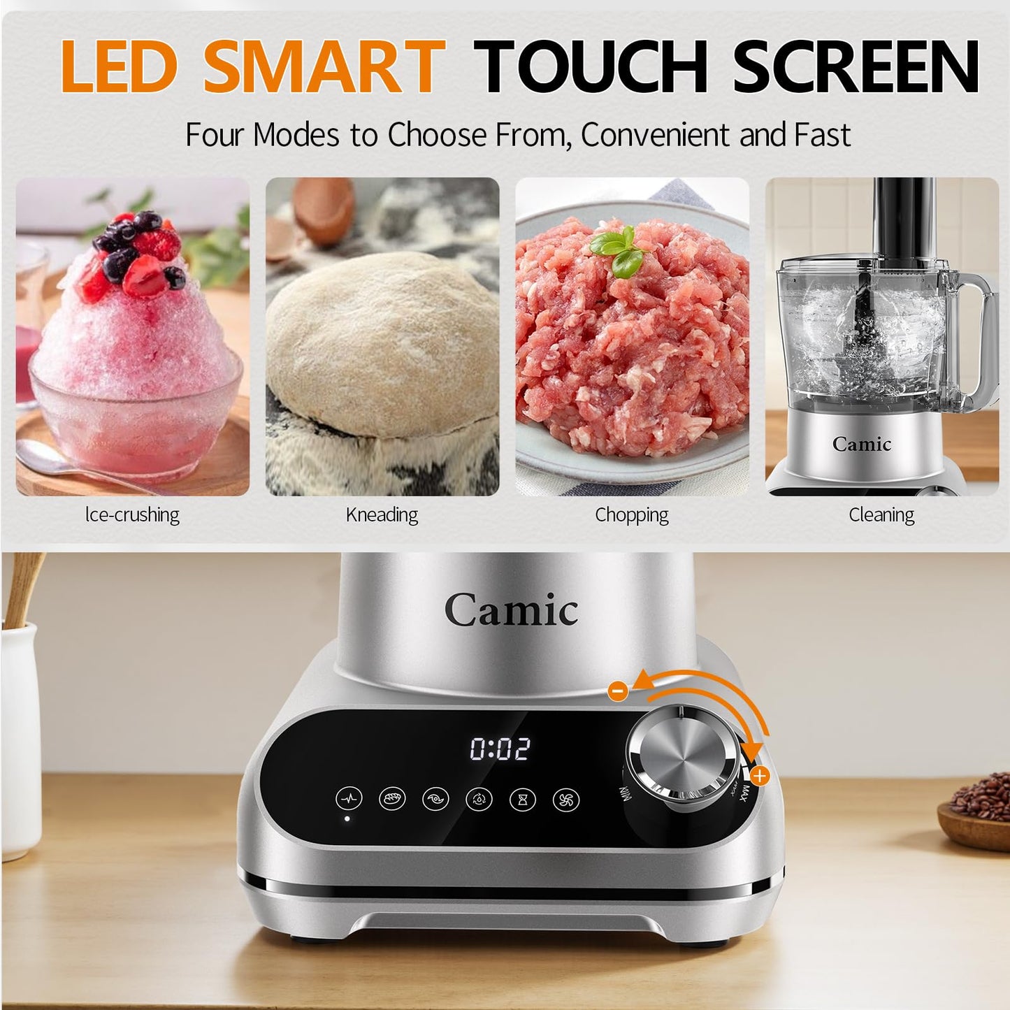 Camic 600W Food Processor, 72OZ Large Capacity Countertop Electric Vegetable Chopper with 6 Preset Programs, Dough Blade, Slicing,Shredding, Whipping attachments for Ice Crushing, Mixing, Chopping