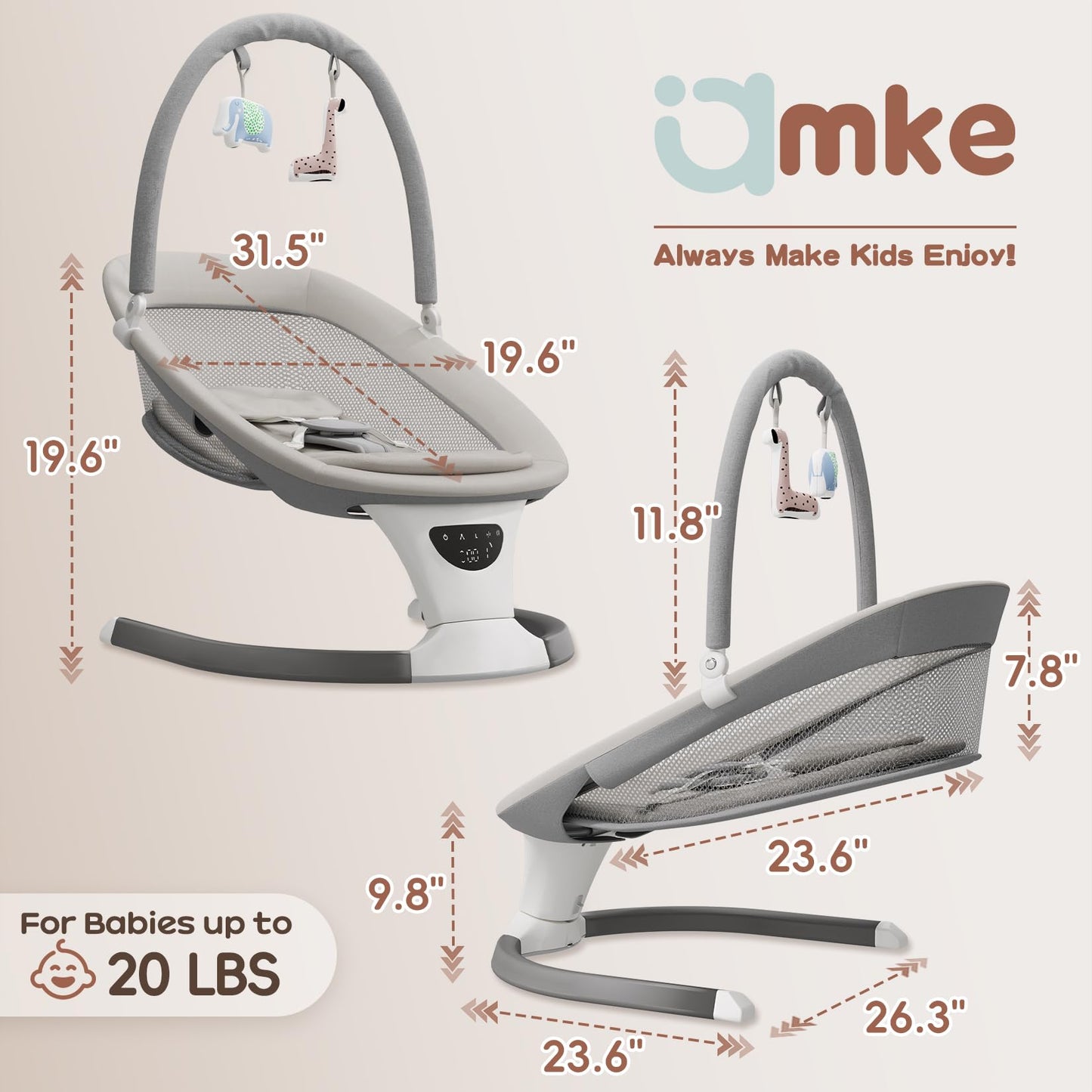 AMKE Electric Baby Rocker Swing for Infants, Extra-Large Mesh Seat, Portable 5-Speed Baby Rocking Chair with 3 Timers & 12 Lullabies, for Baby Boy Girl Shower Gifts, Lightweight for Outdoor Use