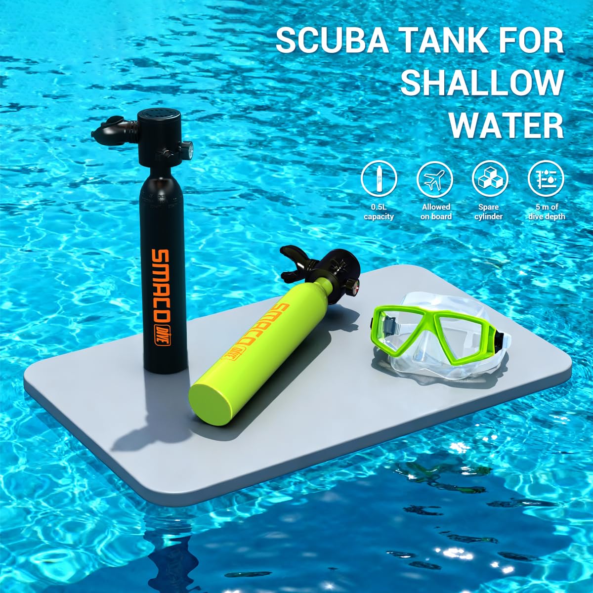 SMACO Mini Scuba Tank with Pump 0.5L - Portable Diving Tank with Up to 10 Minutes Air Supply, Compact Scuba Tank Pony Bottle for Snorkeling & Emergency Backup (33ft/100ft) - Lightweight Oxygen Tank