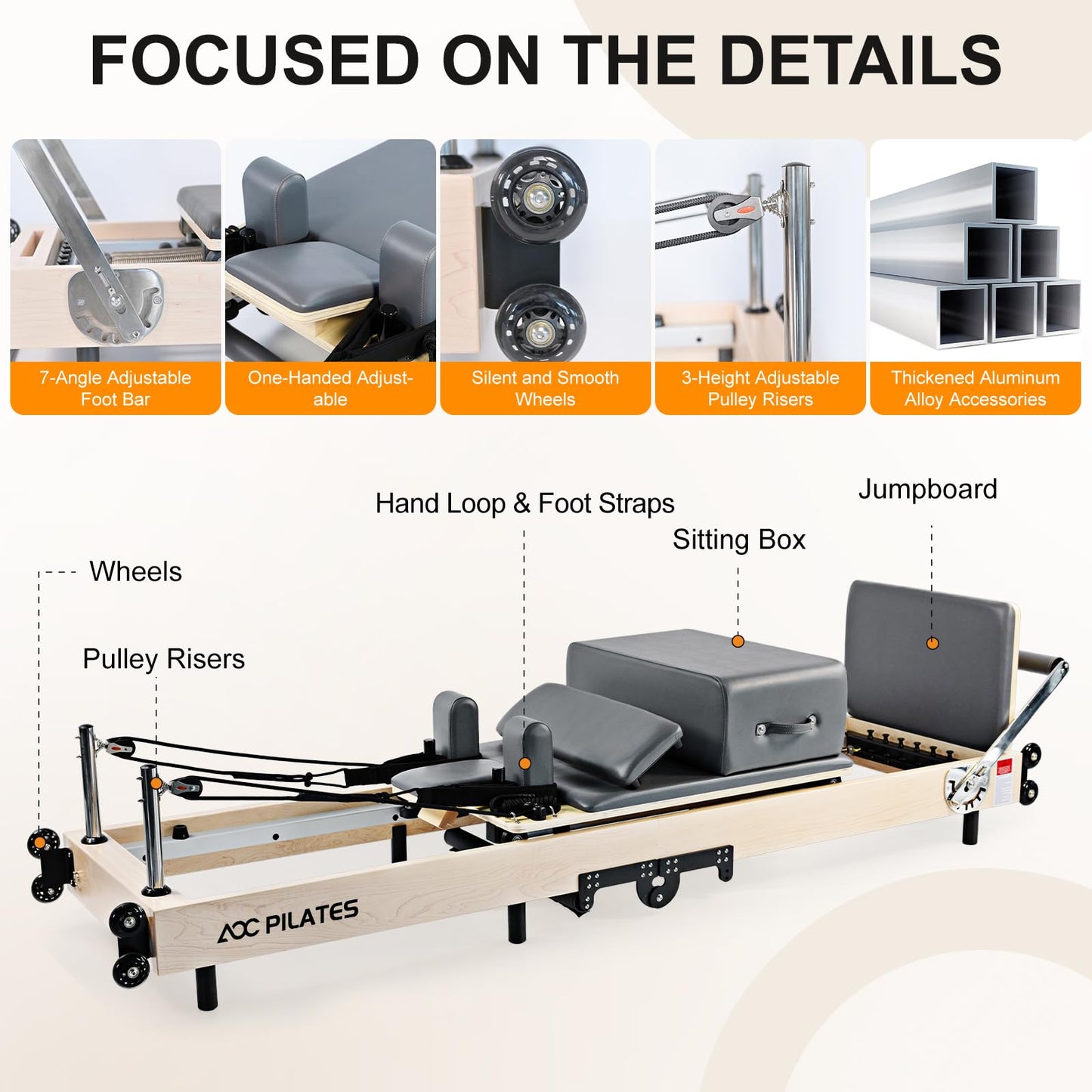 AOC PILATES Pilates Reformer, Wooden Foldable Pilates Reformer Machine with 6 Springs, Box, Padded Jump Board, 660lbs Capacity for Home Workouts Studio Gray