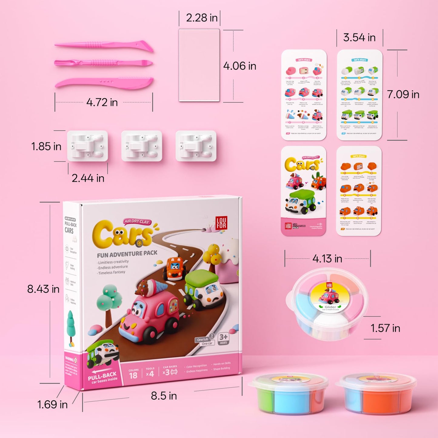 Air Dry Clay Kit for Kids - Pull Back Car Making, 3 Boxes Modeling Clay with Sculpting Tools, Base, Backing Board, Tutorial, Ultra Light & Soft, Non-Toxic & Safe, Creative DIY Arts and Crafts Toys