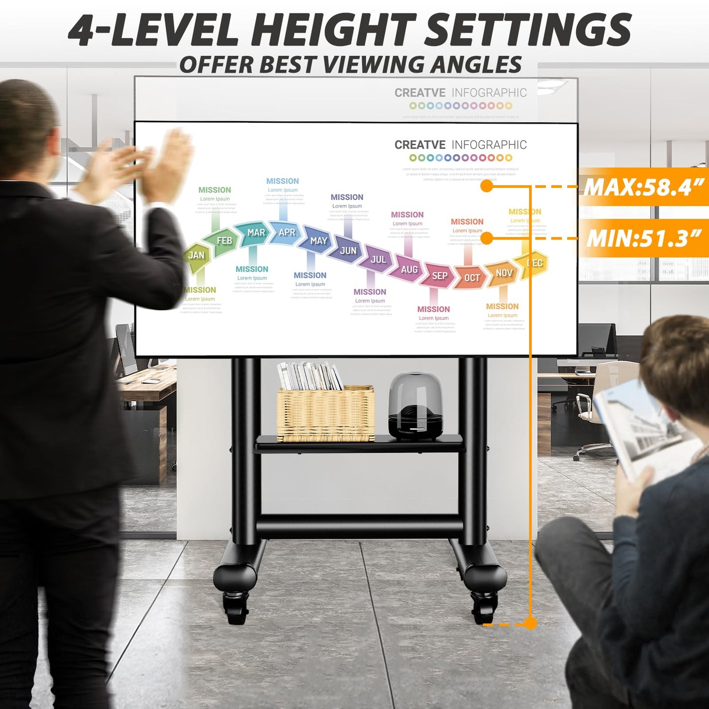 TVON Heavy Duty Rolling TV Stand for 50-92 Inch Large TVs up to 200 lbs, Height Adjustable Mobile TV Stand with Shelf, Upgraded Portable TV Stand on Wheels for Living Room, Office, Trade Show