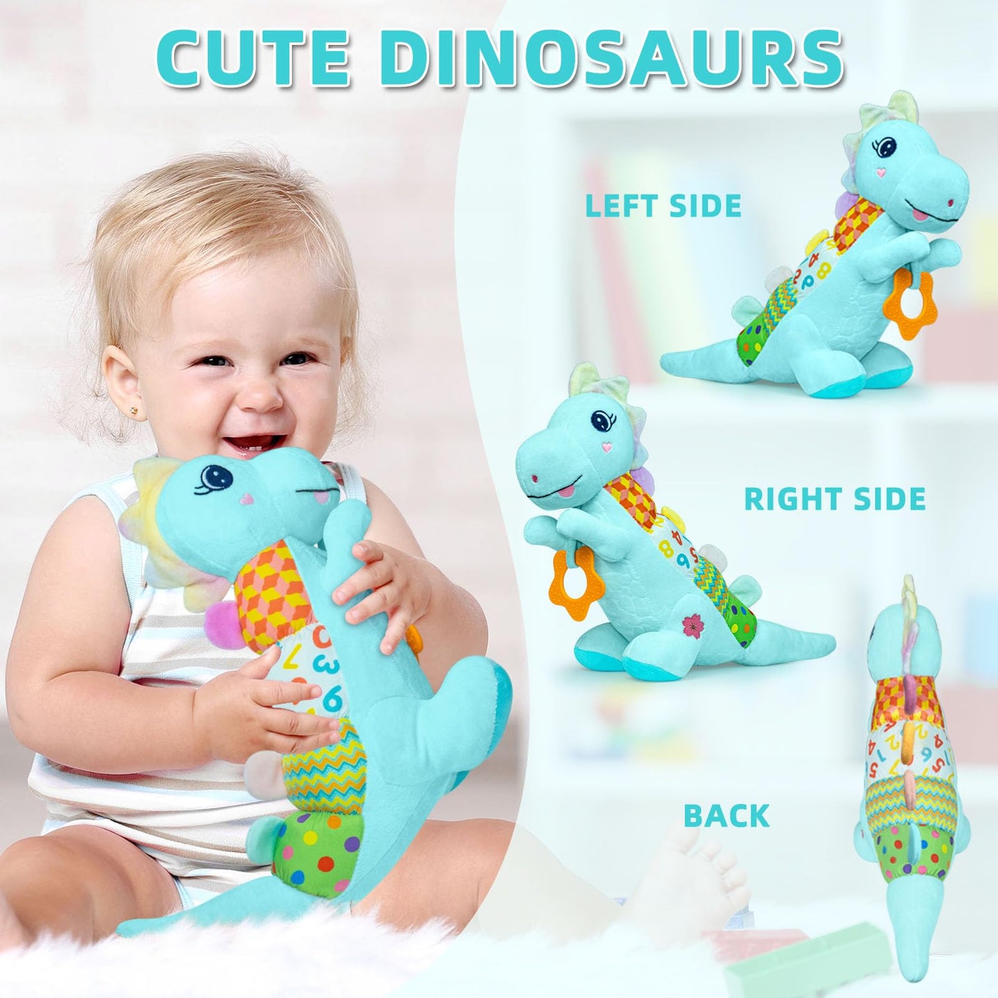 Baby Dino Musical Stuffed Animal Toys for 0-3-6-9-12 Months,Infant Dinosaur Tummy Time Toys with Crinkle Sound Paper,Teether,Textures & Rattles for Newborn Boys Girls Birthday Gifts,Blue