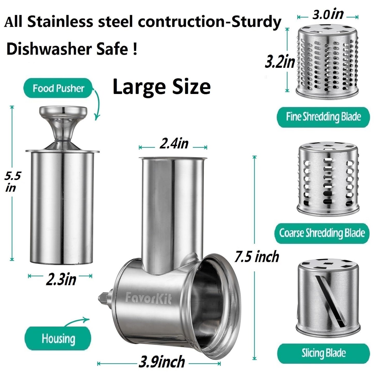 FavorKit Slicer Shredder Attachment for KitchenAid Mixers, Stainless Steel Cheese Grater Salad Maker Accessories with 3 Cutting Blades,Dishwasher Safe!