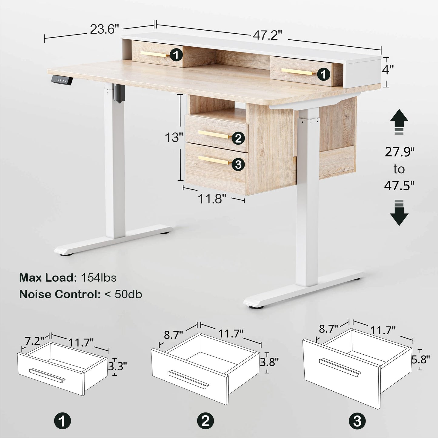 ModernMate Standing Desk with 4 Drawers, 47.2 x 23.6 Inch Whole Piece Height Adjustable Electric Sit Stand Desk, Computer Home Office Workstation with Open Storage Shelf, Light Walnut
