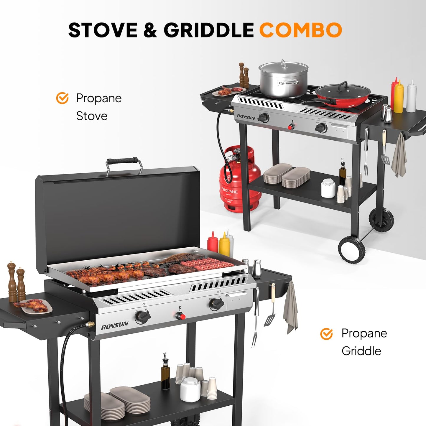 ROVSUN 2 Burner Outdoor Propane Gas Stove with Griddle, Auto-ignition, Regulator & Side Shelves, 150,000 BTU Powerful Stand Cooker for Backyard Cooking Home Brewing Canning Frying Grilling