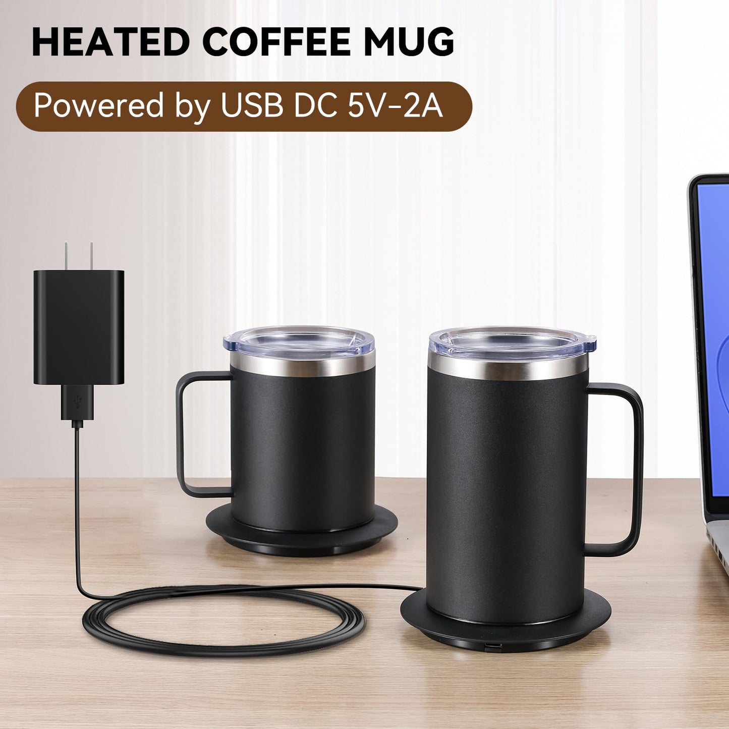 Smart Electric Heated Mug with 10Hrs Auto Shut Off, Coffee Warmer with Mug Set, USB Powered Self Heating Coffee Cup 12oz-Black