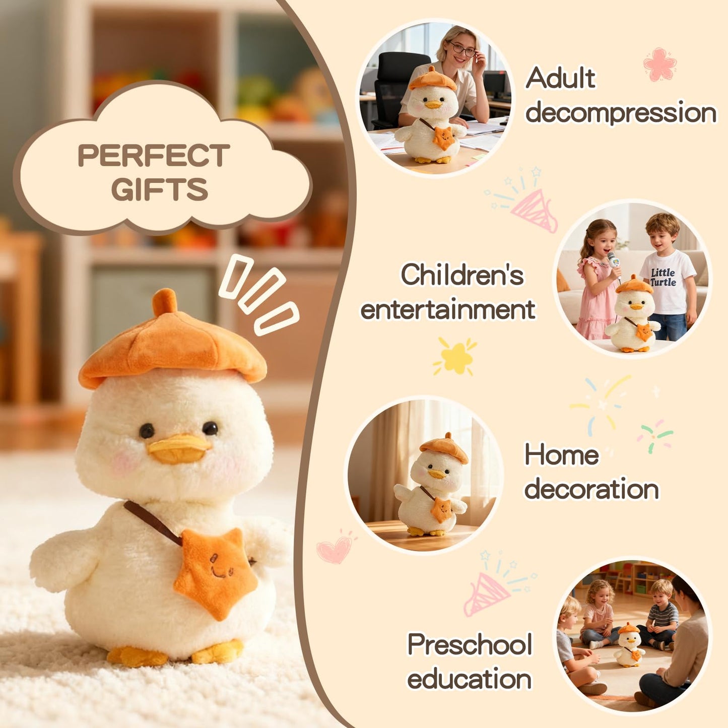 Plush Interactive Talking Duck Toy for Baby Toddler, Toys Boys Girls Gifts Singing Mimicking Repeating What You Say,Head Sway Duck with 8 English Songs for Toddlers 1-3 Years Old, White