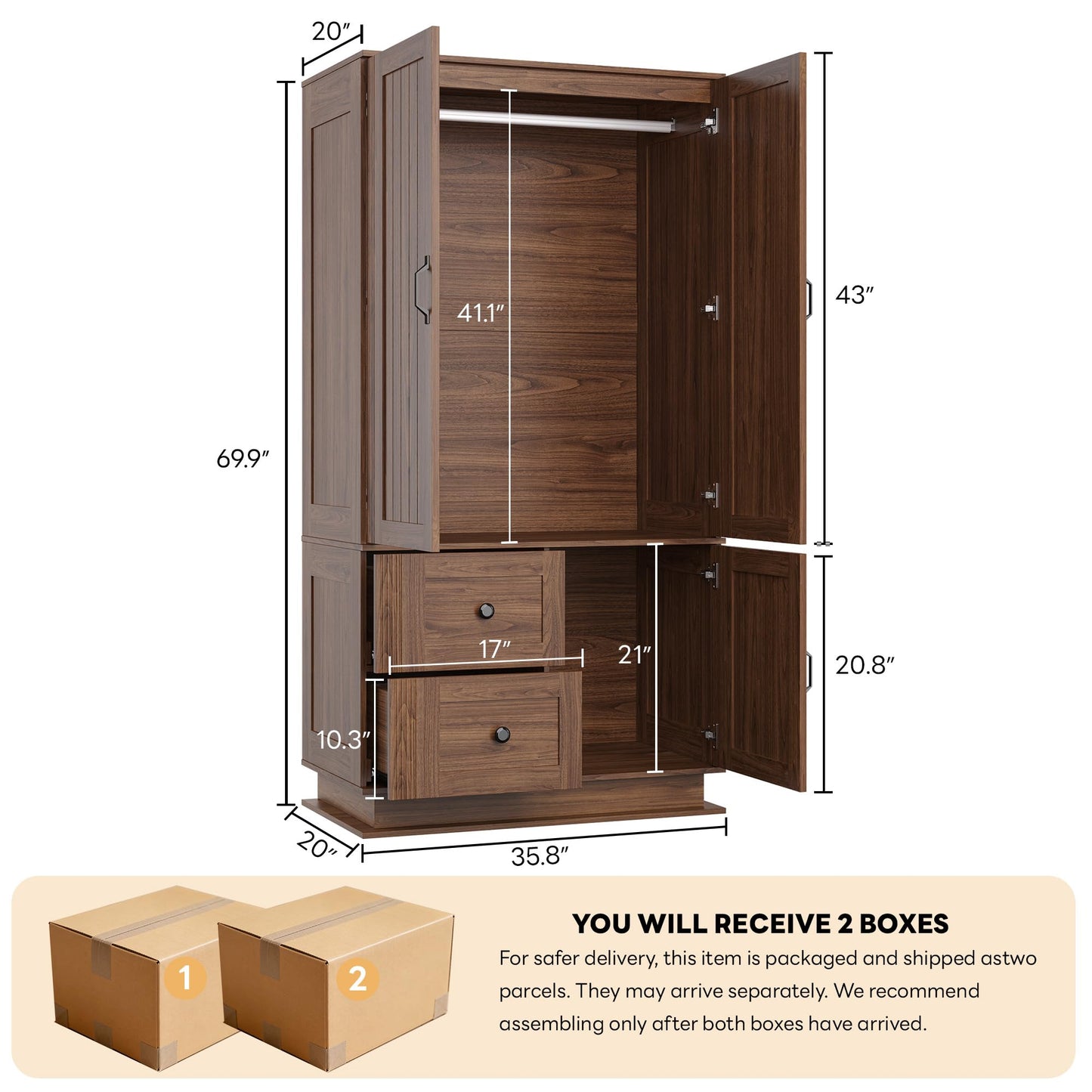 LIKIMIO Farmhouse Wardrobe Closet with Doors, 70" Bedroom Armoires with LED Lights and Hanging Rod, Wooden Large Wardrobe Cabinet with 2 Drawers and 1 Cabinet, Walnut