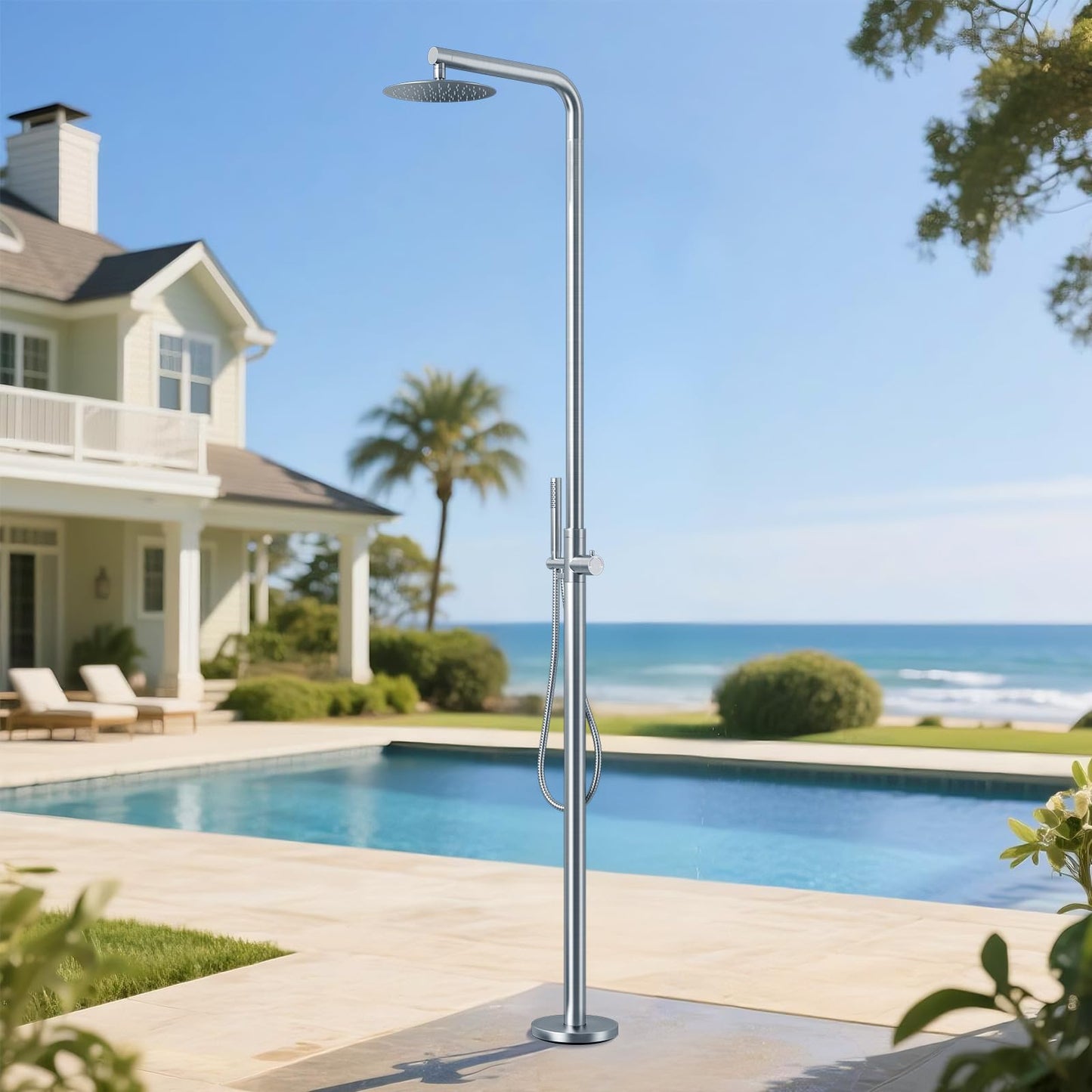 RBROHANT Freestanding Outdoor Shower, 316 Marine Grade Stainless Steel Beach Shower, Free Standing Hot and Cold Water Pool Shower with 10’’ Rain Shower Head and Handheld, Brushed Nickel, Floor Mounted
