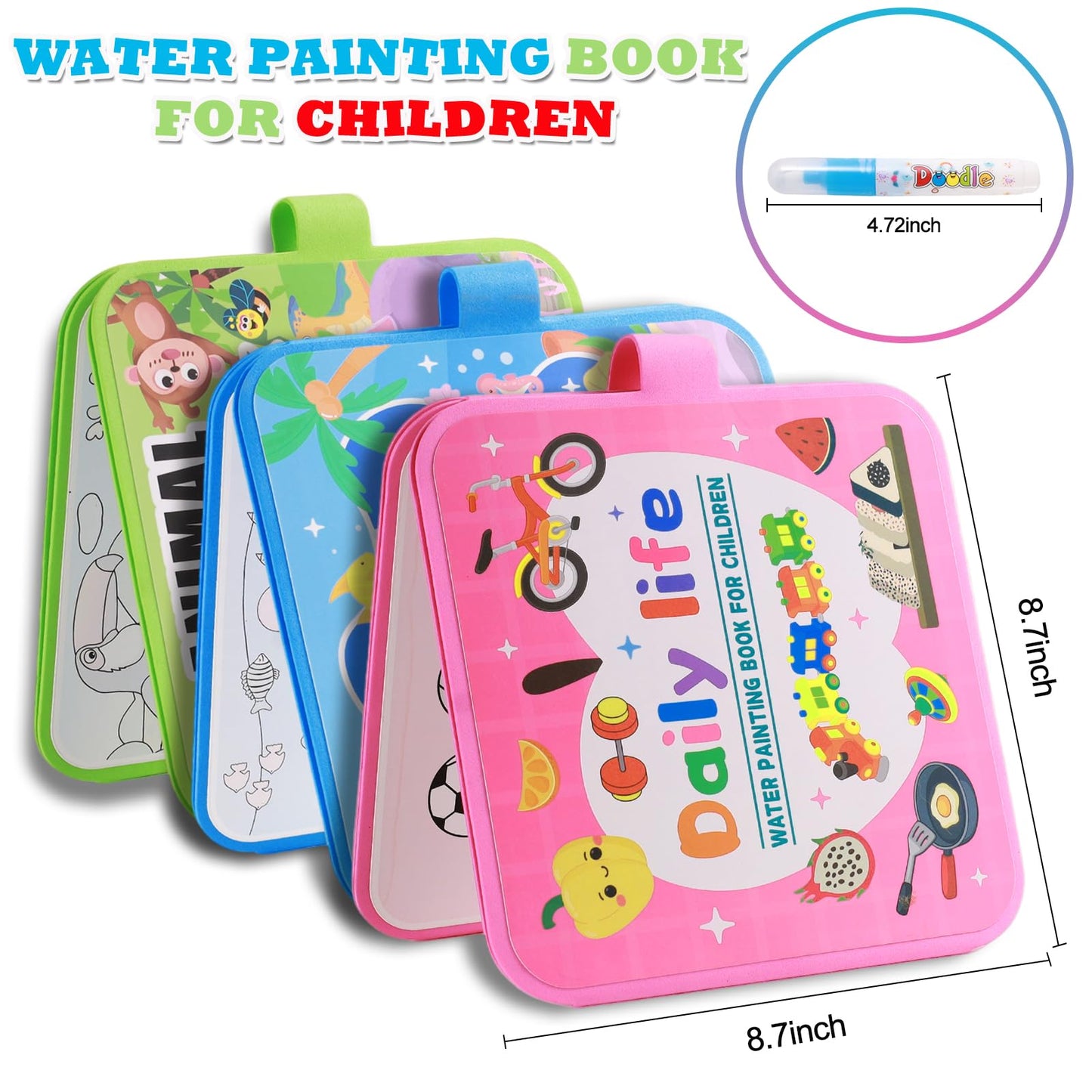 YECHISY Reusable Water Painting Books for Kids: 3 Pack Mess-Free Magic Water Coloring Books - Paint with Water Books, No Mess Coloring Travel Activity Toys for Toddlers Ages 3+