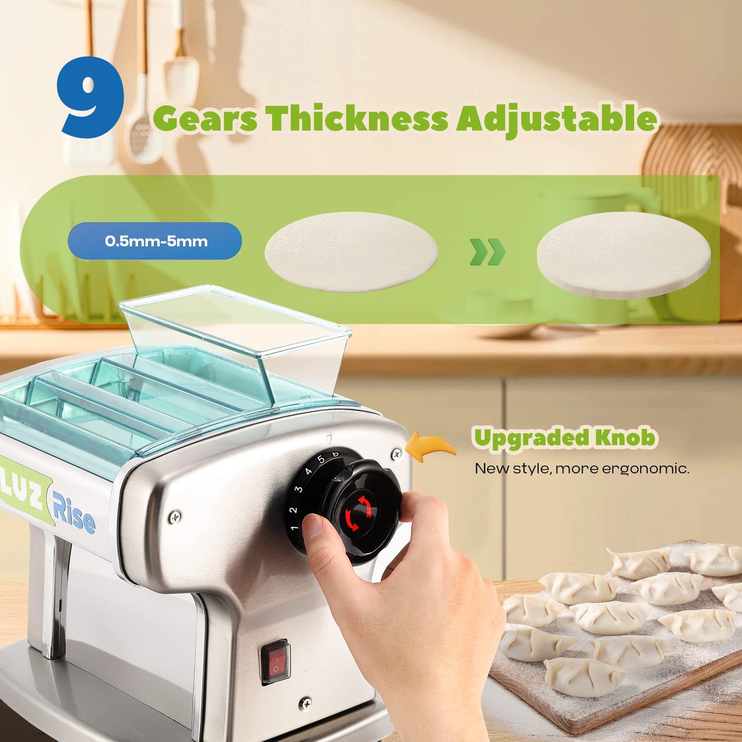 Luzrise Electric Pasta Maker Automatic Noodle Machine Fresh Pasta Dough Roller Stainless Steel(2 Blades for 2.5mm Round&4mm Flat Noodle,9 Thickness Settings 0.5mm-5mm,Family Use, Output 10LBS/H,135W)