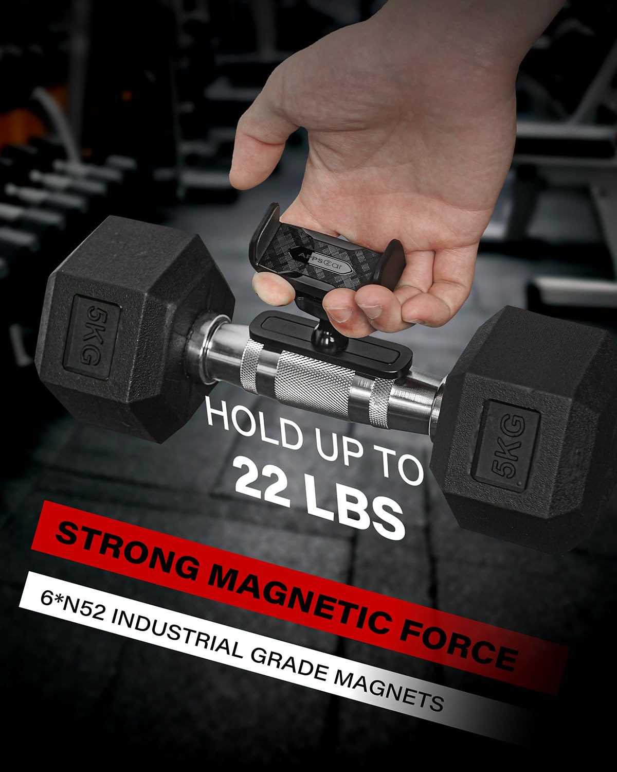 APPS2Car Magnetic Phone Holder for Gym, Alloy Base and Joint for Strong Hold, 360ยฐ Adjustable, Compatible with 4.7-6.5 Inch iPhone & Android Phones, Secure Workout Equipment Accessory for Men Women