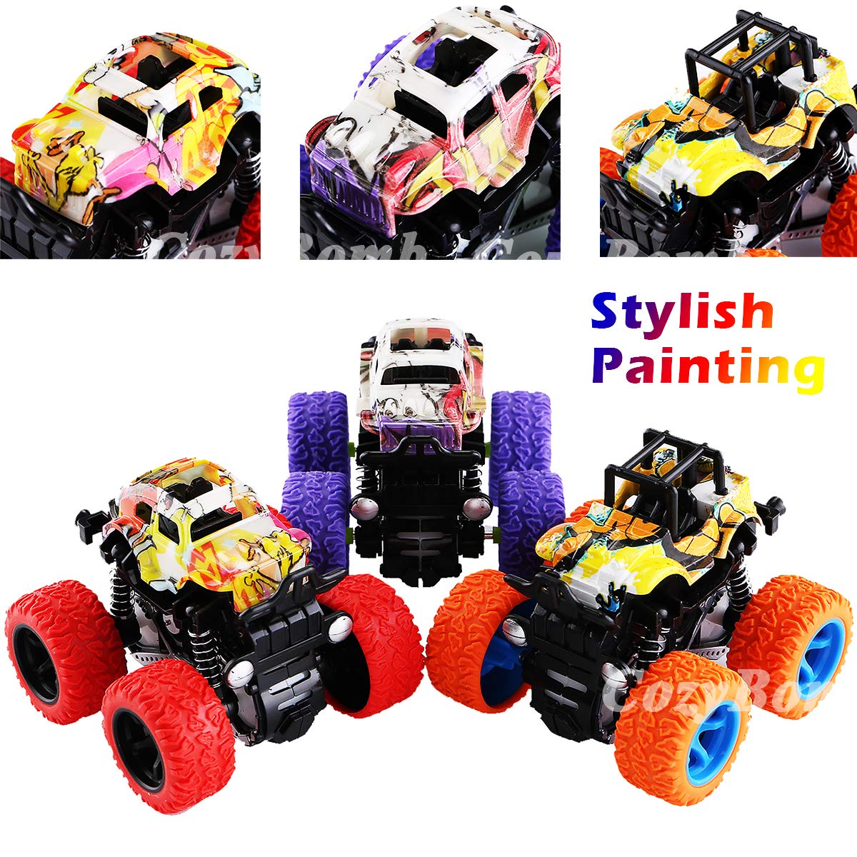 CozyBomB Friction Powered Monster Trucks Toys for Boys/Girls - Push and Go Car Truck Playset, Inertia Vehicle, Kids Birthday Christmas Party Supplies Gift 3 Years Old (Purple, Red, Orange, Green)