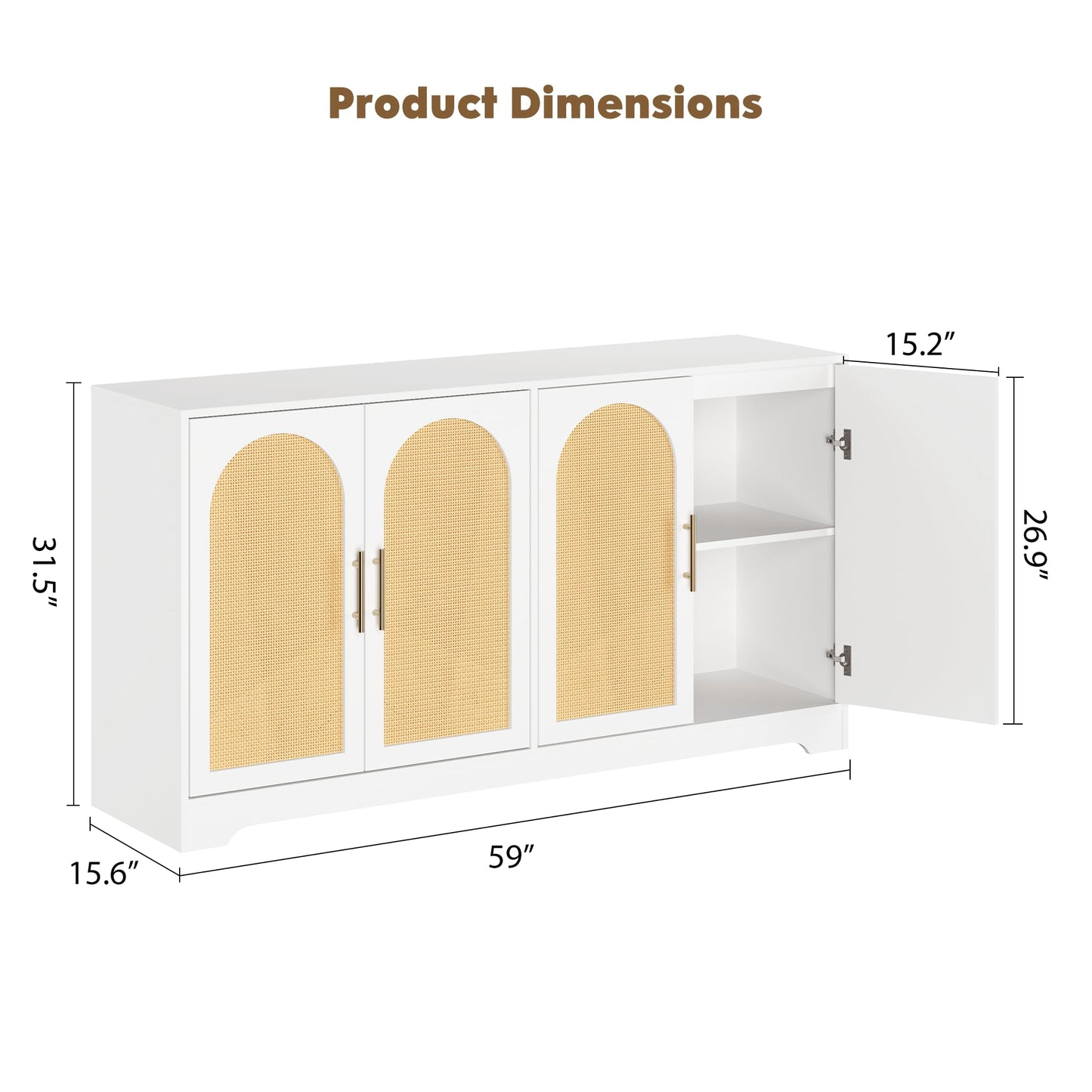 GarveeHome 59” Sideboard Buffet Cabinet - Large Credenza Storage with 4 Rattan Doors, Modern Console Table Accent Coffee Bar Cabinet for Living Room, Kitchen, Hallway, Dining Room, Entryway, White