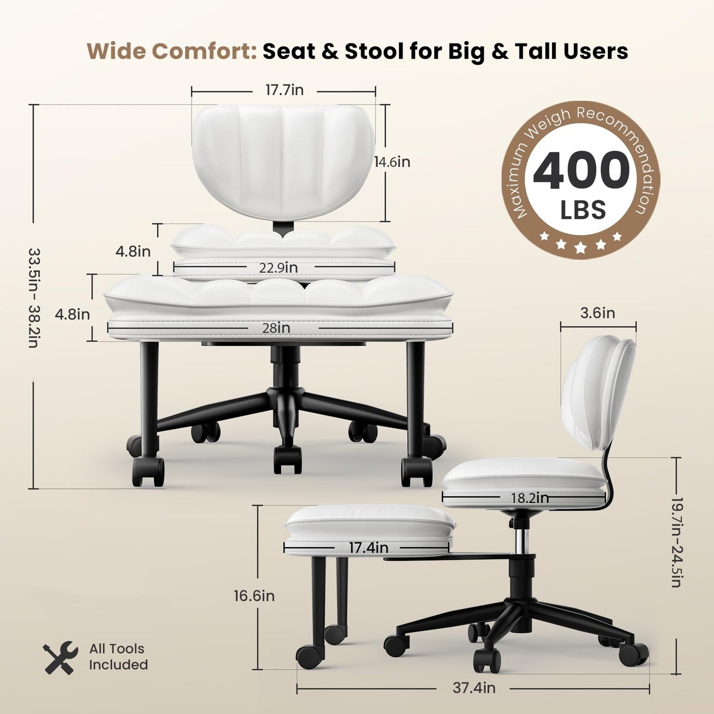 Extra-Wide & Tall Cross-Legged Office Chair – Deeply-Padded Cloud Seat, Ergonomic Back Support, Adjustable Height for ADHD & Meditation, White