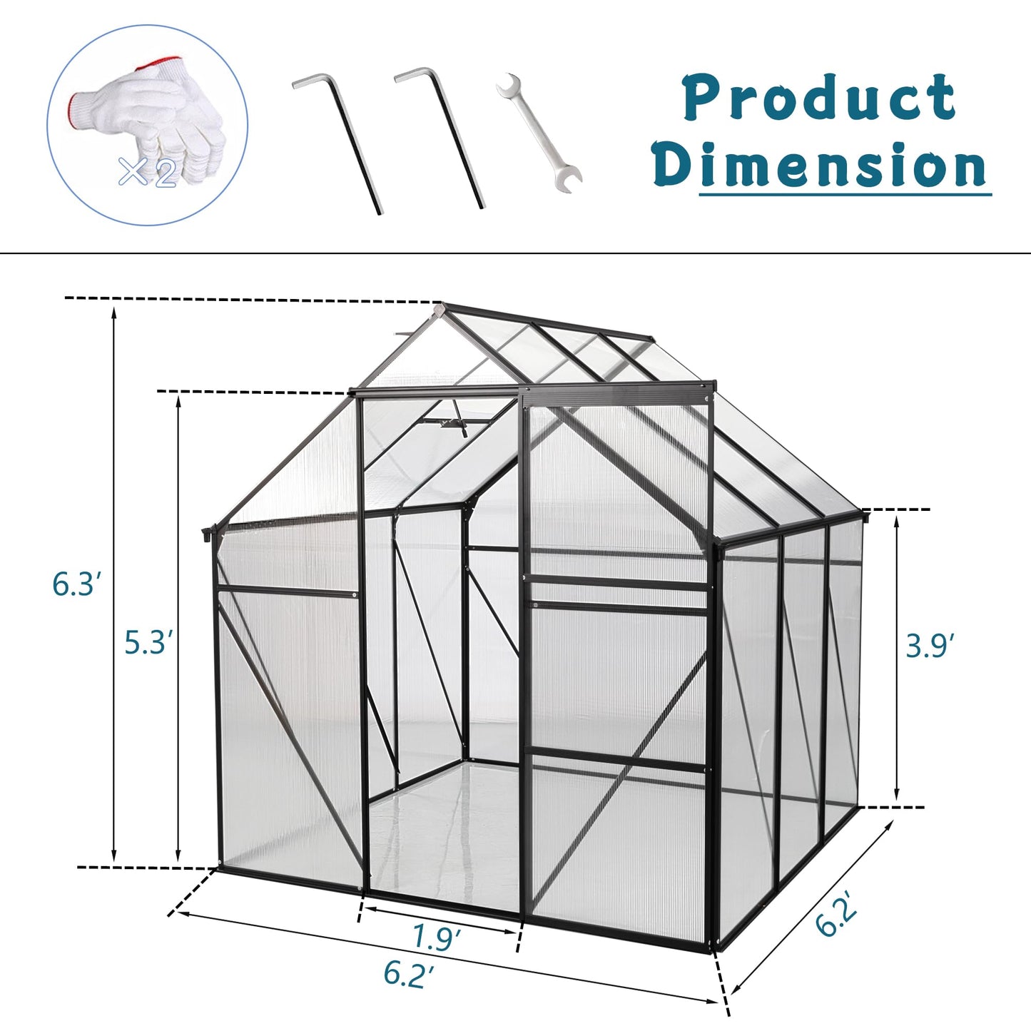 Lovtimber 6X6FT Polycarbonate Greenhouse, All Season Heavy Duty Walk-in Garden Plants Green House for Outdoor Backyard, Raised Base and Anchor Aluminum, Black