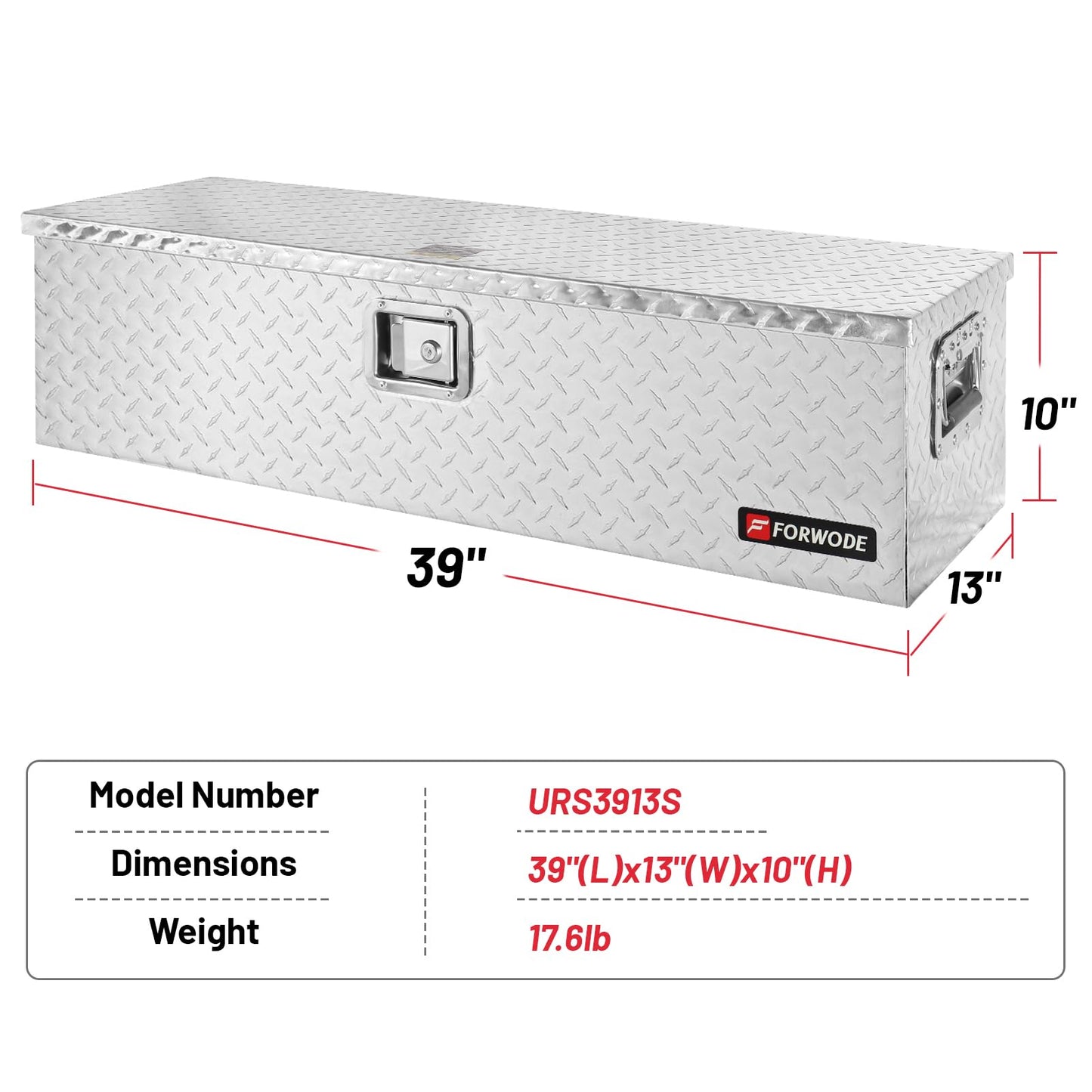FORWODE 39 Inch Truck Bed Tool Box, Heavy Duty Aluminum Waterproof Under Truck Storage Organizer for Pickup Truck Bed RV Toolbox with Handle and Lock - Silver