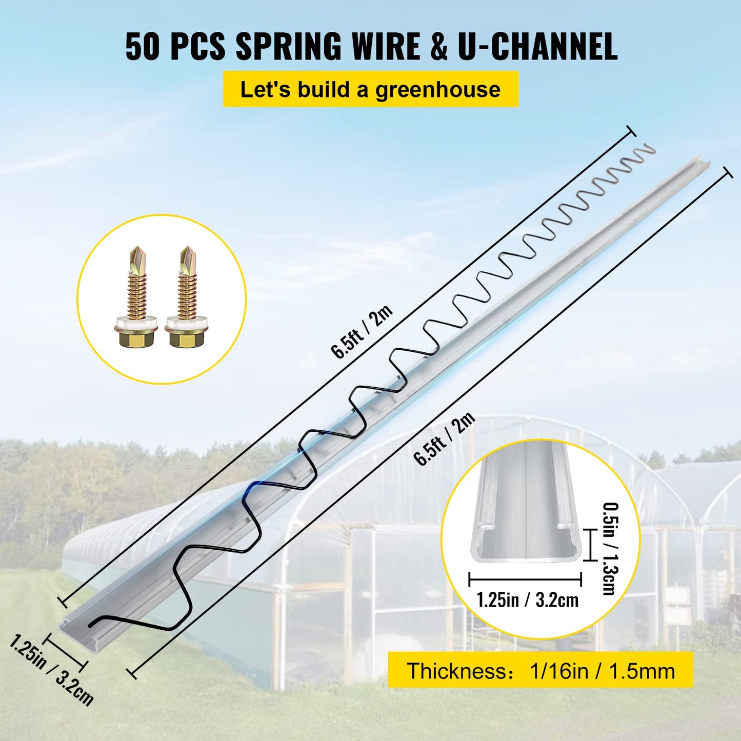 VEVOR Greenhouse Spring Wire and Lock Channel 50 Packs, 6.56 ft PE Coated Aluminum Alloy Bundle Kit, Plastic Poly Film or Shade Cloth Attachment w/Screws, Silver