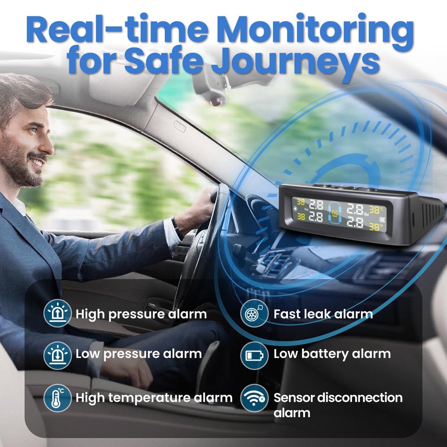 RV Tire Pressure Monitoring System 4-Wheel, Wireless Tire Pressure Monitoring Systems with 4 Sensors & 6 Alarm Modes, Solar/USB Charging, TPMS for RV Truck SUV w/ 10 Tire Repair Rubber Nails