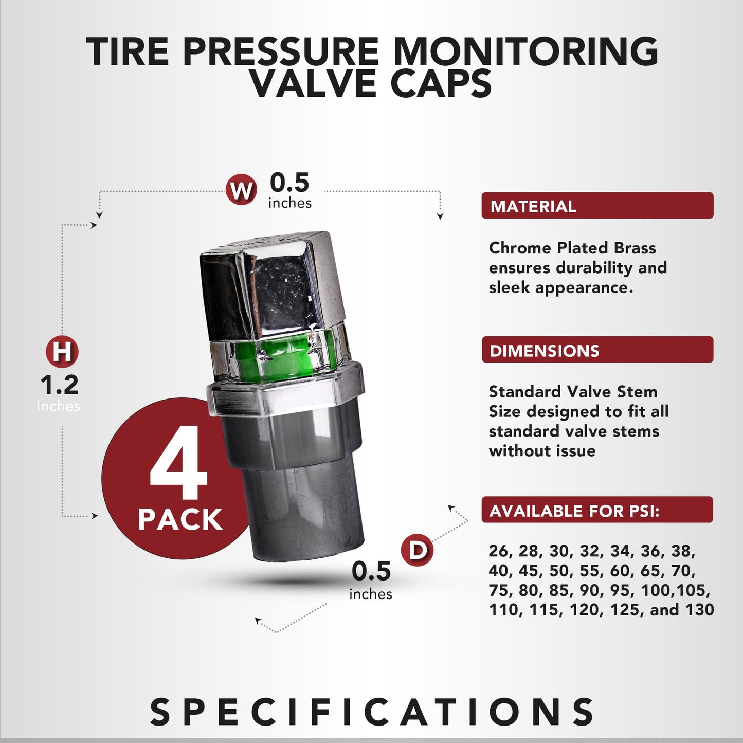 Quick Pressure Tire Pressure Monitoring Valve Caps Sensor Gauge - Advanced Detection System, 50 PSI Sensing Air Alert Indicator for Cars, Trailers, Bikes - Chrome-Plated, Pack of 4