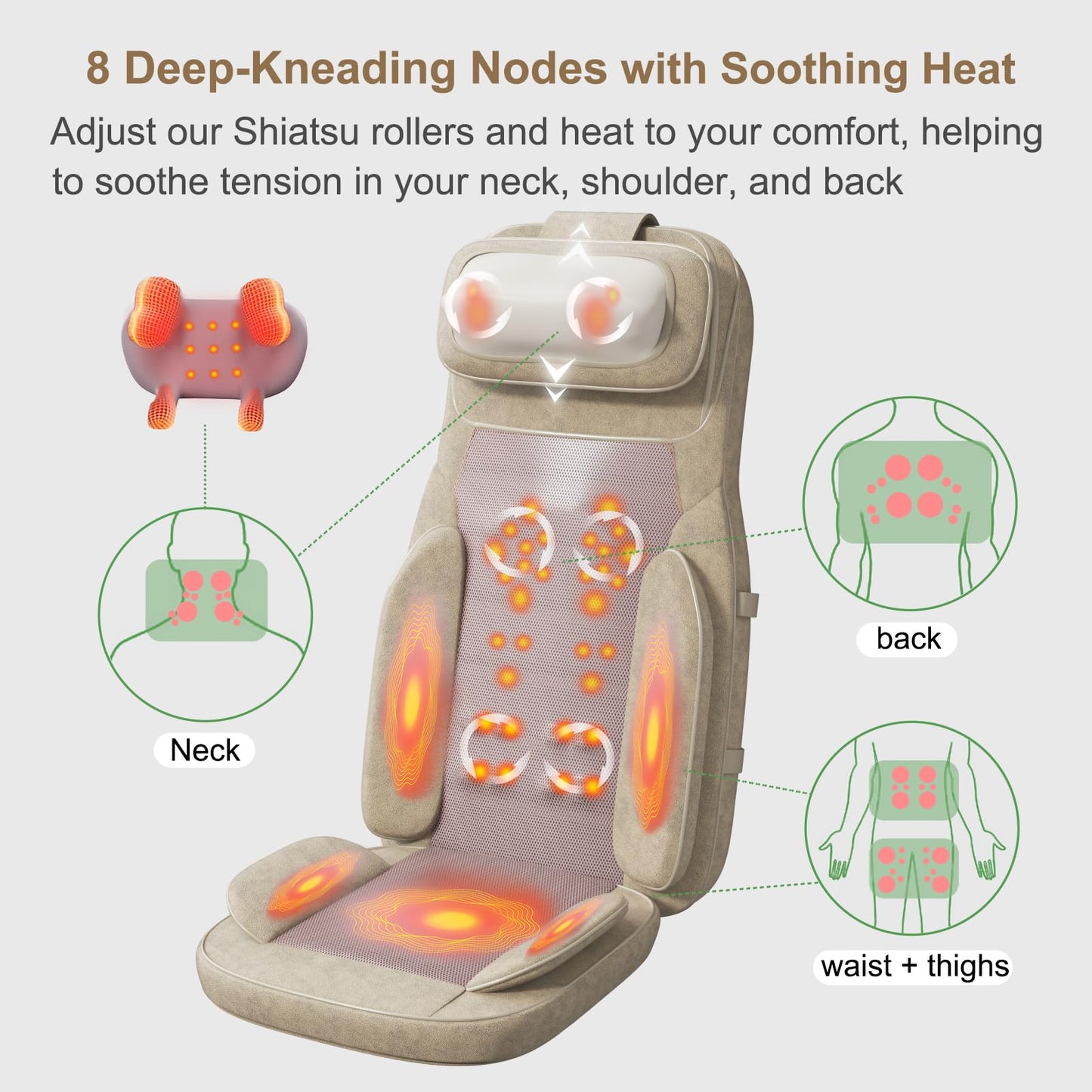 Rainwolf Shiatsu Neck and Back Massage Cushion with Heat - 4D Deep Tissue Kneading Full-Back Massager for Relief Muscle Soreness, Adjustable Intensity & Height, for Office Chair & Home