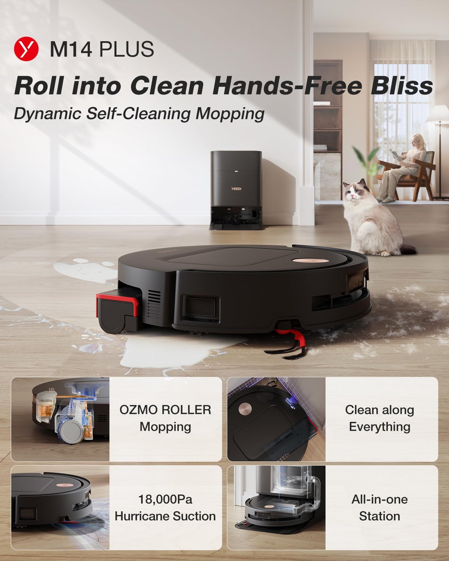 Yeedi M14 Plus Robot Vacuum and Mop, 18,000Pa Suction, OZMO Roller Instant Self-Washing Mopping, 167â Smart Dynamic Hot Wash & Auto-Dry, ZeroTangle 3.0 Anti-Hair Brush, All-in-One Omni Station, Black