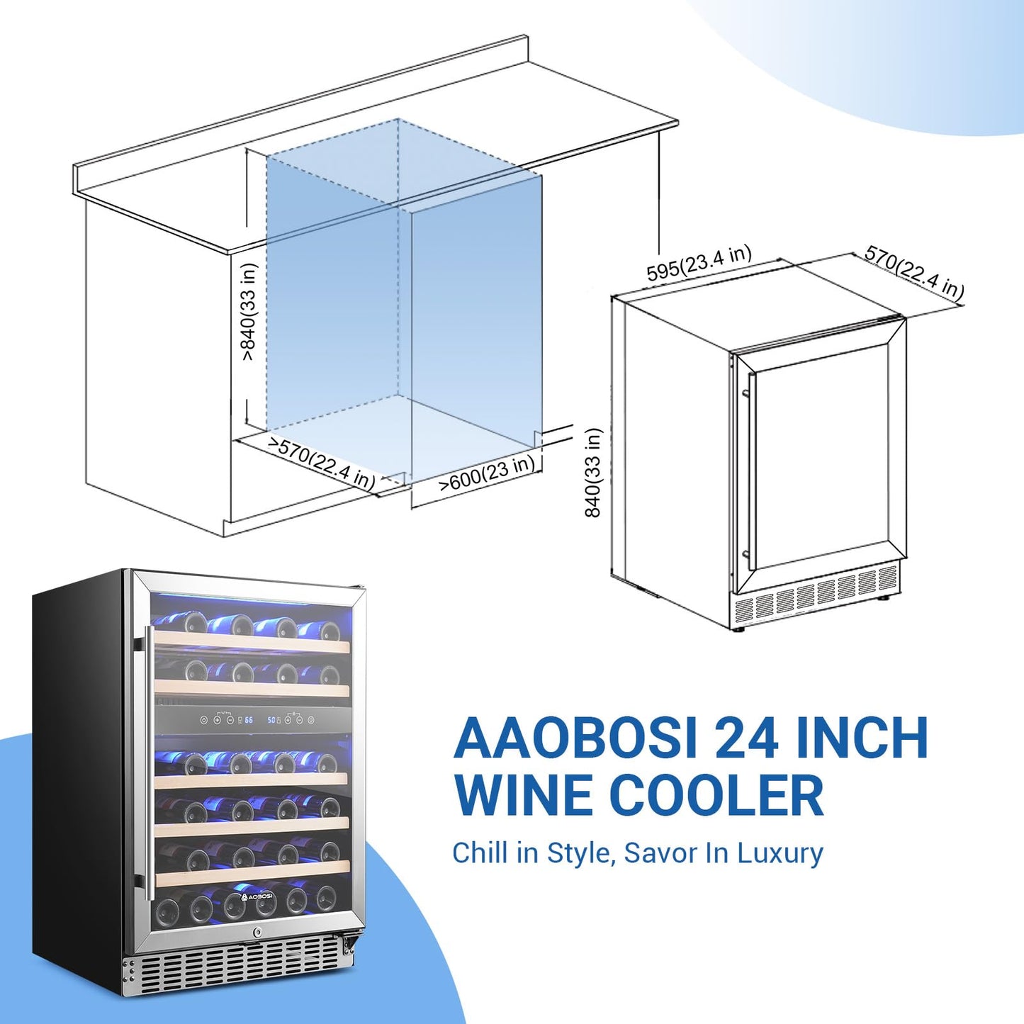 AAOBOSI Wine Fridge Cooler, 46 Bottles,24 inch Dual Zone Wine Cooler Under Counter with Safety Lock,Built-in or Freestanding Wine Refrigerators for Home,Office,Bar