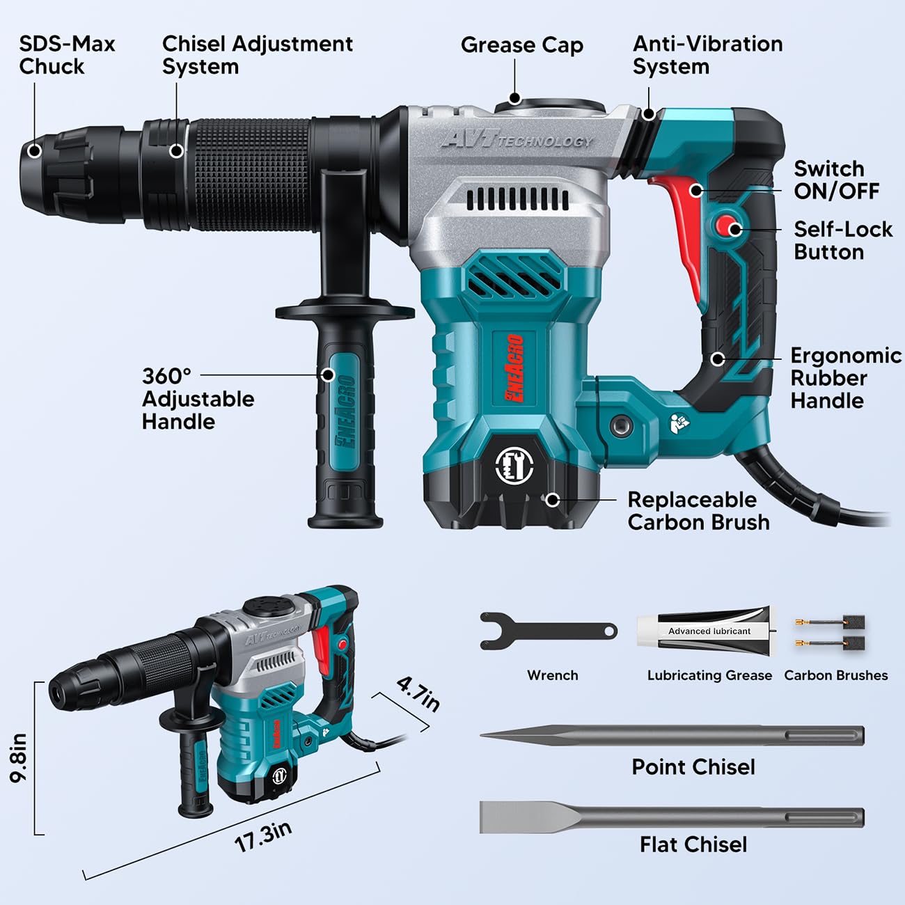 ENEACRO SDS-Max Demolition Jack Hammer for Concrete, Lightweight 11 Amp Electric Demo Chipping Hammer,Aluminum Alloy Shell, Vibration Control, Includes Grease, Tool Bag and Chisels