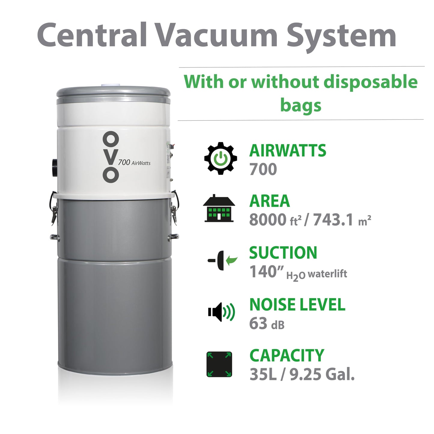 OVO Heavy Duty Powerful Central Vacuum System, Hybrid Filtration (with or Without Disposable Bags) 35L or 9.25Gal, 700 Airwatts with 40ft Deluxe Plus Accessory kit Included