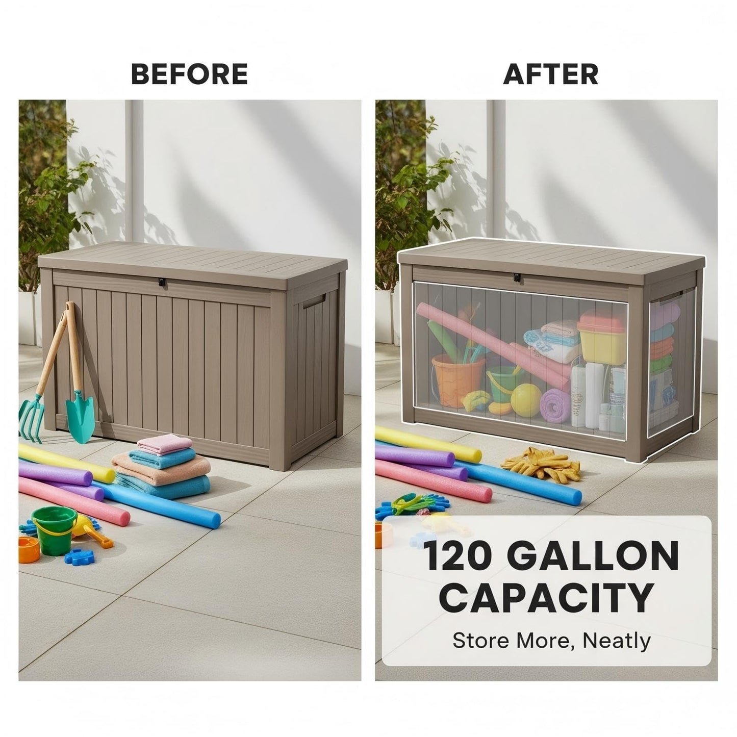 120 Gallon Resin Deck Box, Outdoor Storage Chest for Patio Furniture Cushions, Garden Tools, Pool Accessories | Lockable, Waterproof, All-Weather, Easy Assembly, Wood Grain Design