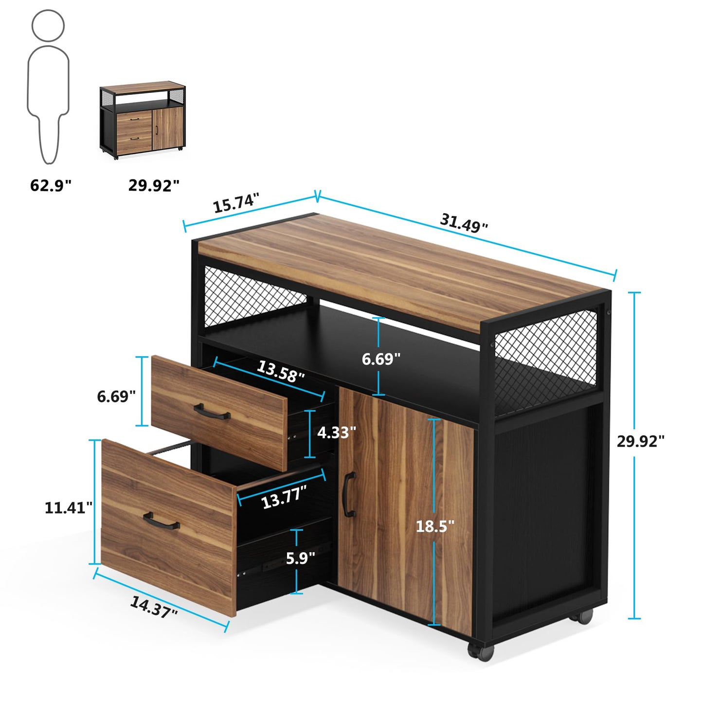 Tribesigns Modern File Cabinet with Drawers for Letter-Size, Lockable lateral Filing Cabinet Printer Stand with Door& Caster for Home Office.Desk Not Included