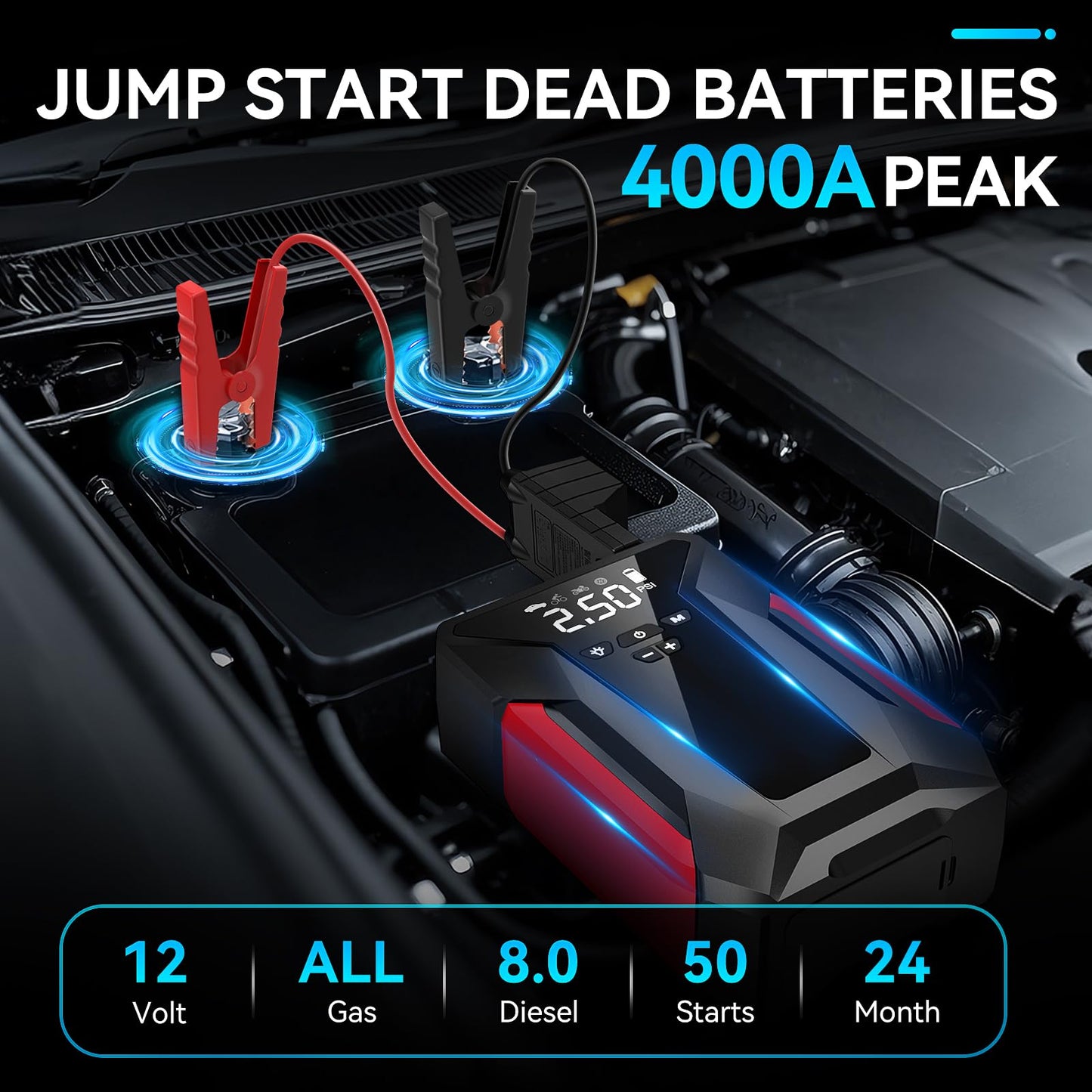 Jump Starter with Air Compressor,4000A Portable Car Battery Jump Starter (10L Gas/8.5L Diesel), 12V Battery Charger Booster,150PSI Auto-Shutoff Tire Inflator,Portable Jumper Cables, LED Light (Black)